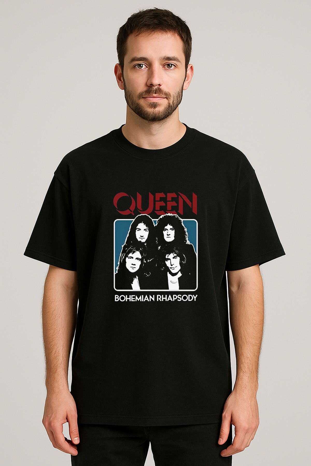 sielta Queen Metal Müzik Grubu Baskılı Bisiklet Yaka Oversize Siyah Tişört Thsirt