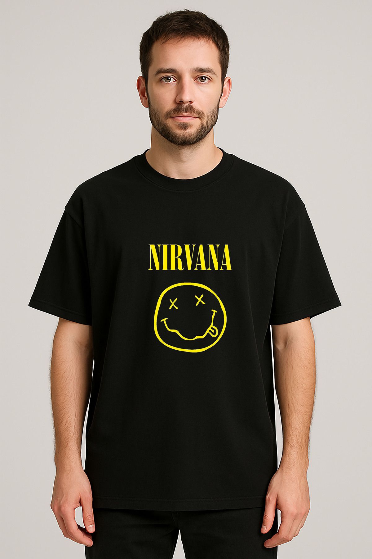 sielta Nirvana Müzik Grubu Baskılı Bisiklet Yaka Oversize Siyah Tişört Thsirt