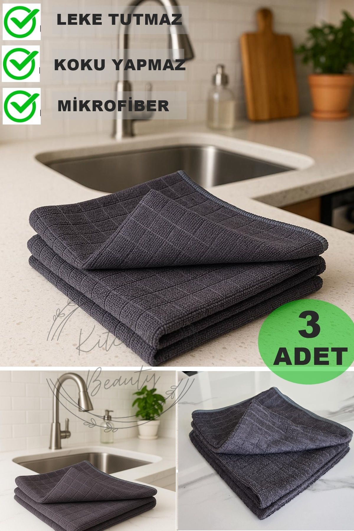 Kitchen Beauty 3 Adet Mikrofiber Mutfak Temizlik Bezi 40*40 Cm Leke Tutmaz Koku Yapmaz