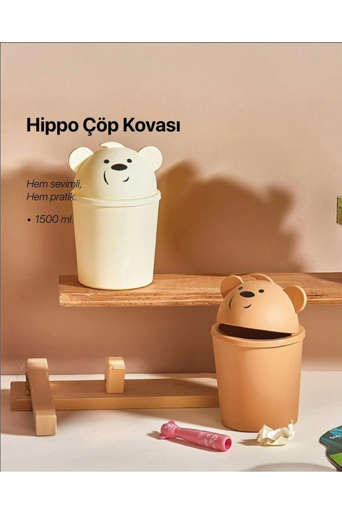 Leony Ayıcık Bears Tezgah Üstü Ofis Mutfak Masa Üstü Mini Çöp Kovası 2,5 LT