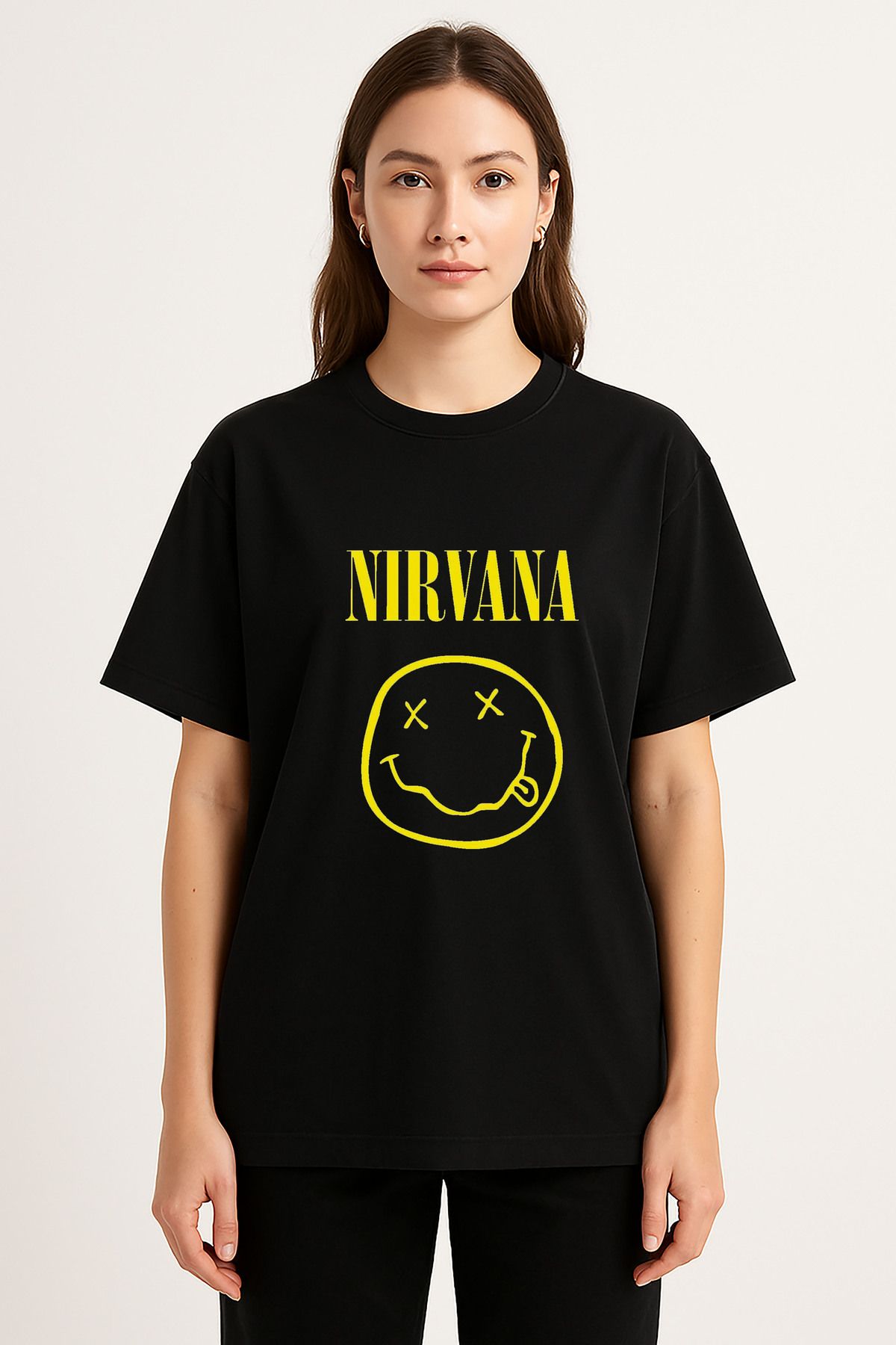 sielta Nirvana Müzik Grubu Baskılı Bisiklet Yaka Oversize Siyah Tişört Thsirt