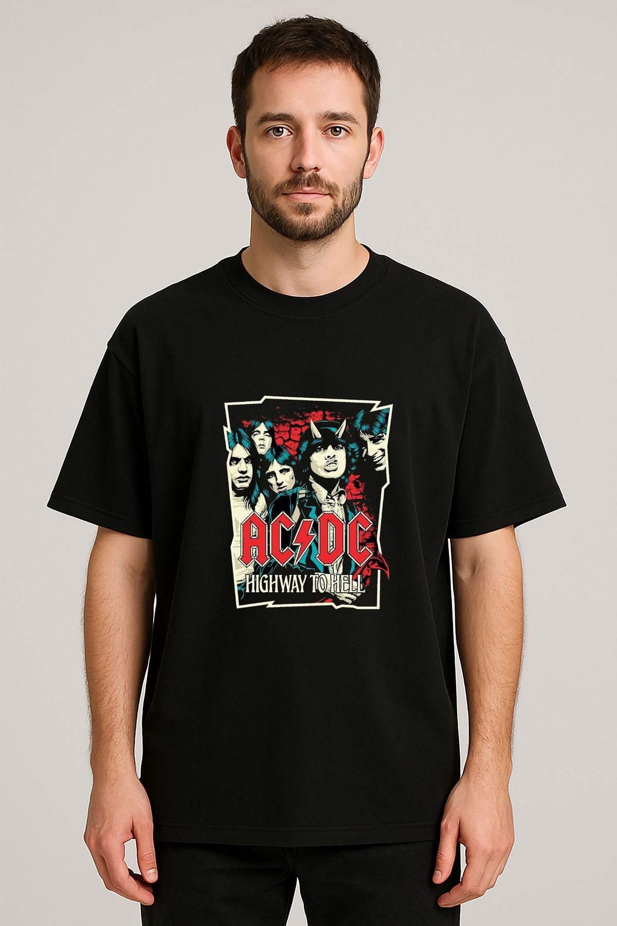 sielta Ac Dc Müzik Grubu Baskılı Bisiklet Yaka Oversize Siyah Tişört T-shirt