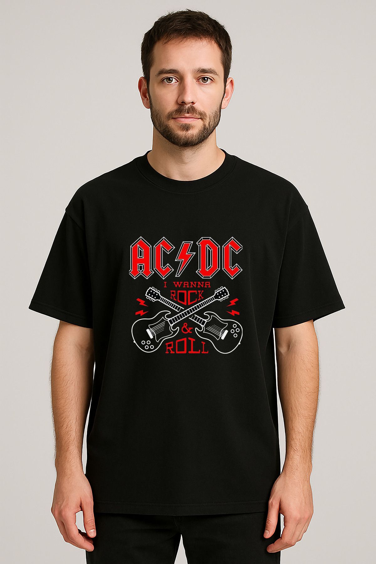 sielta Ac Dc Müzik Grubu Baskılı Bisiklet Yaka Oversize Siyah Tişört T-shirt