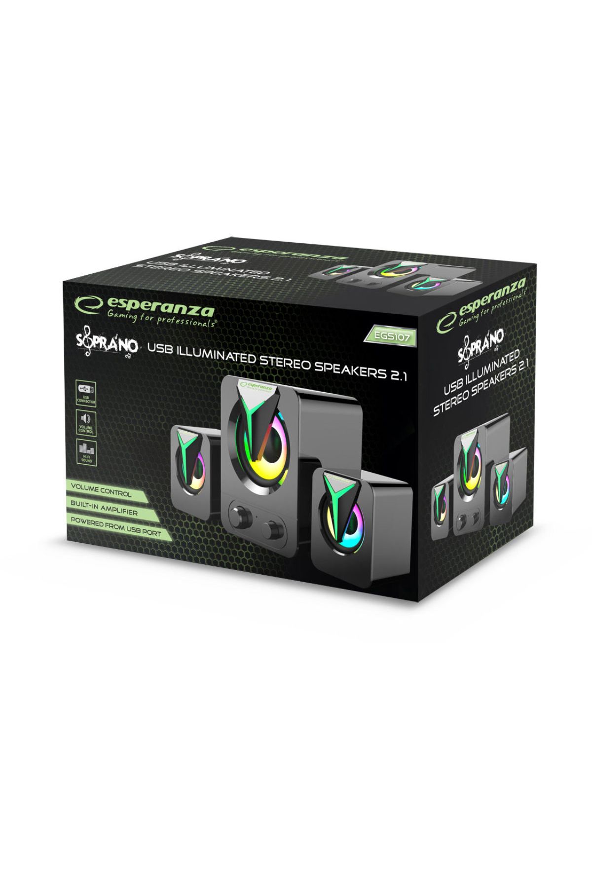 ESPERANZA-Difuzoare stereo 2.1, 10W, mufă de 3,5 mm, sursă de alimentare USB, Esperanza Rainbow Soprano, RGB, negru 7