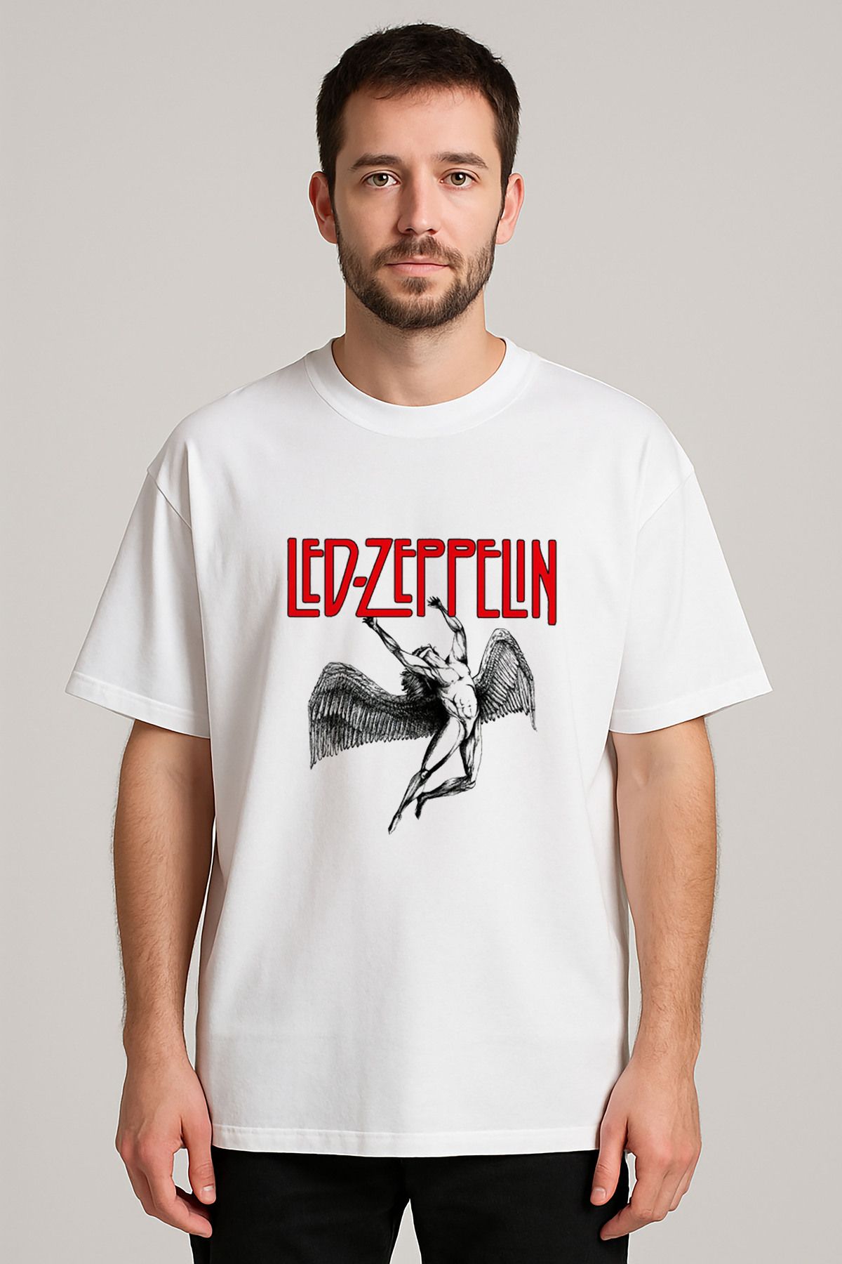 sielta Led Zeppelin Müzik Grubu Baskılı Bisiklet Yaka Oversize Beyaz Tişört T-shirt