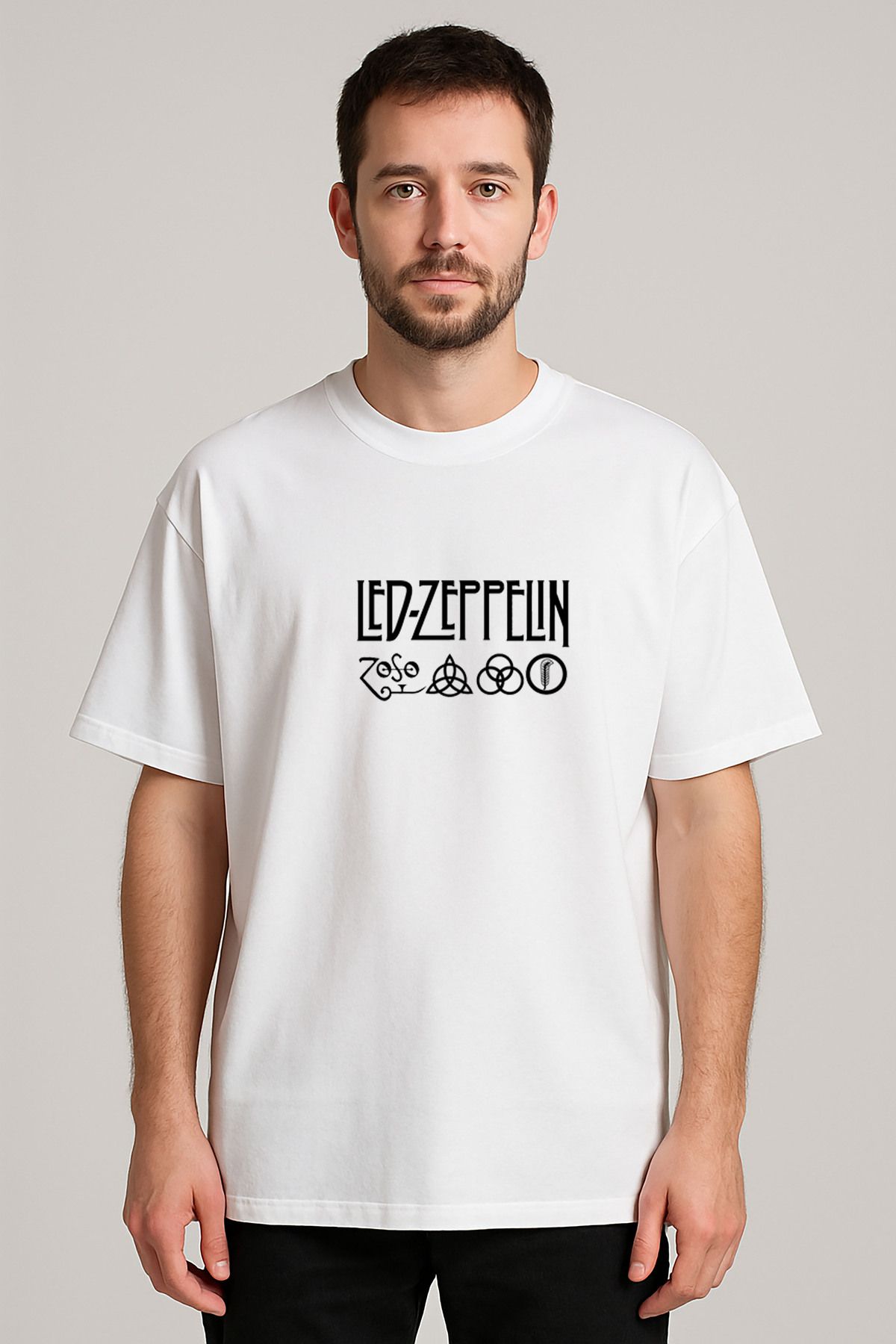 sielta Led Zeppelin Müzik Grubu Baskılı Bisiklet Yaka Oversize Beyaz Tişört T-shirt