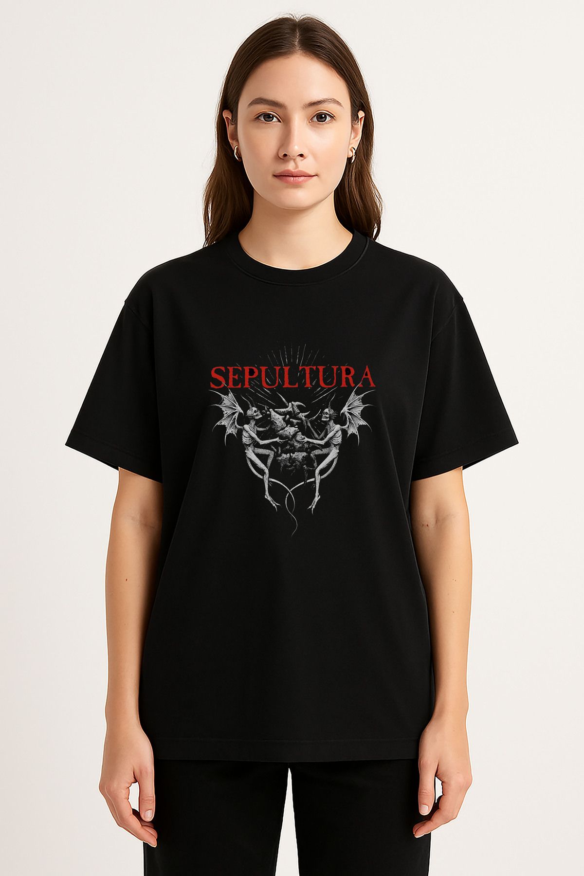 sielta Sepultura Müzik Grubu Baskılı Bisiklet Yaka Oversize Siyah Tişört T-shirt