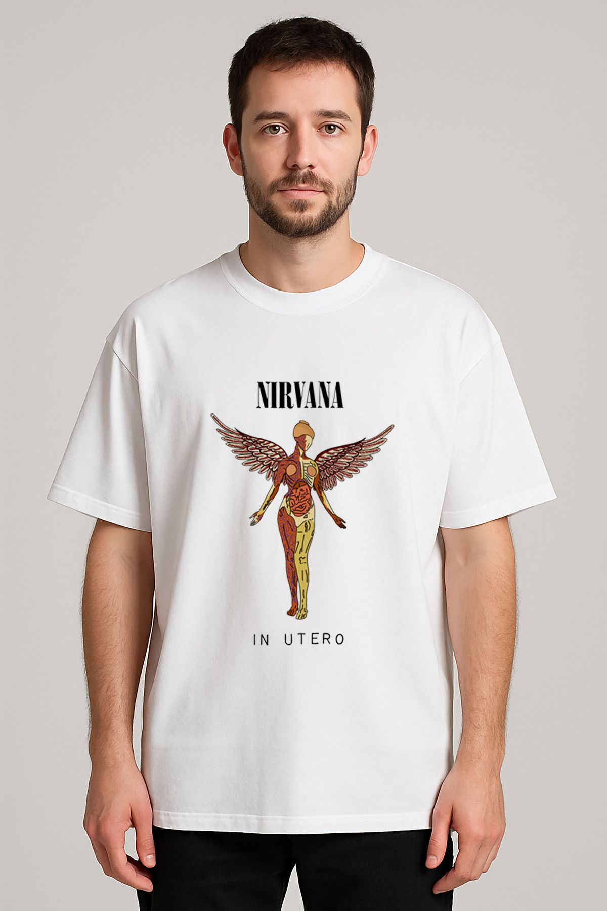 sielta Nirvana In Utero Albüm Kapağı Baskılı Bisiklet Yaka Oversize Beyaz Tişört T-shirt