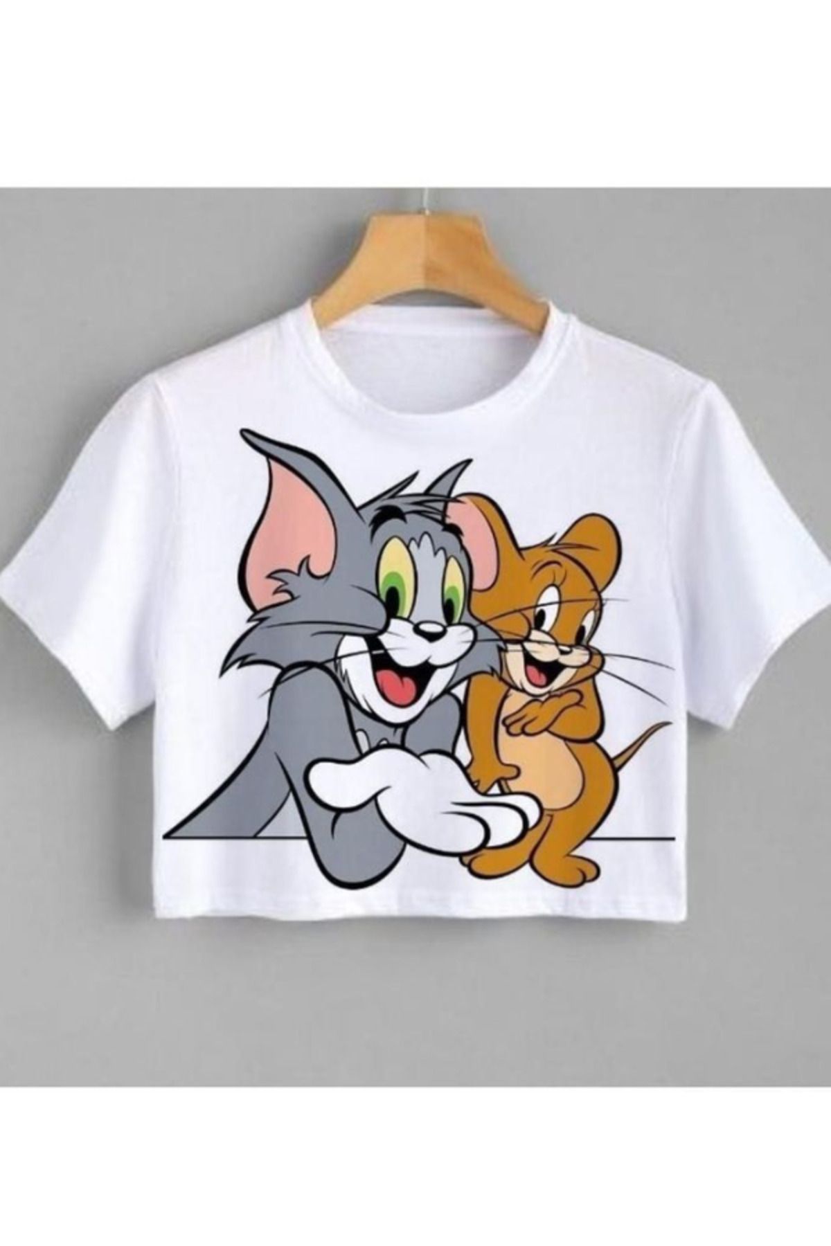 LAYORA Tom ve Jerry Baskılı Beyaz Crop Tişört