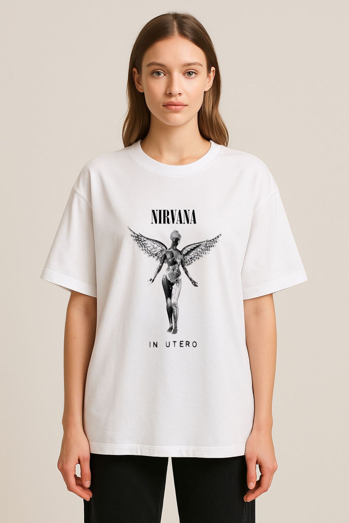 sielta Nirvana In Utero Albüm Kapağı Baskılı Bisiklet Yaka Oversize Beyaz Tişört T-shirt