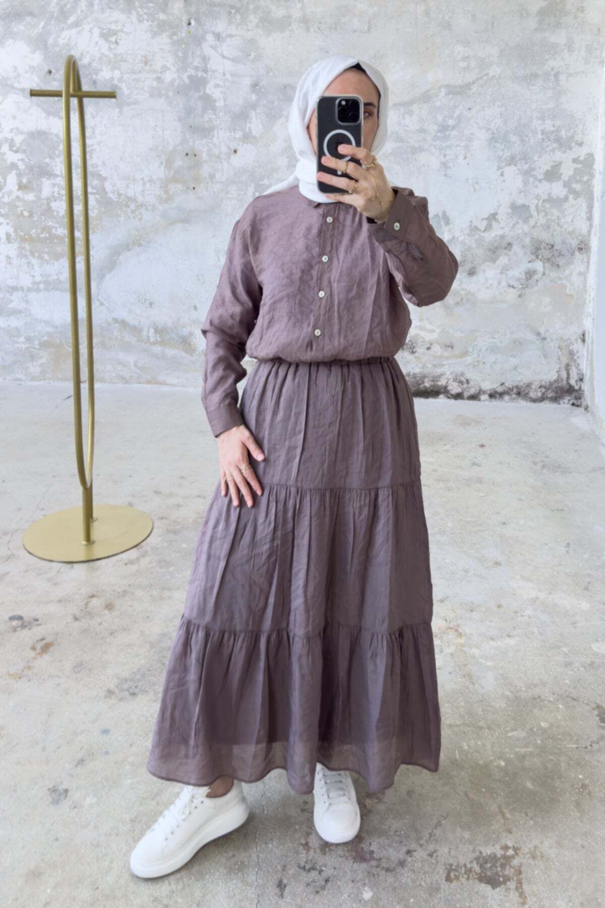 Hatun Atila Rahat Kesim Beli Lastikli Kat Kat Uzun Etek 5213 - Kahverengi