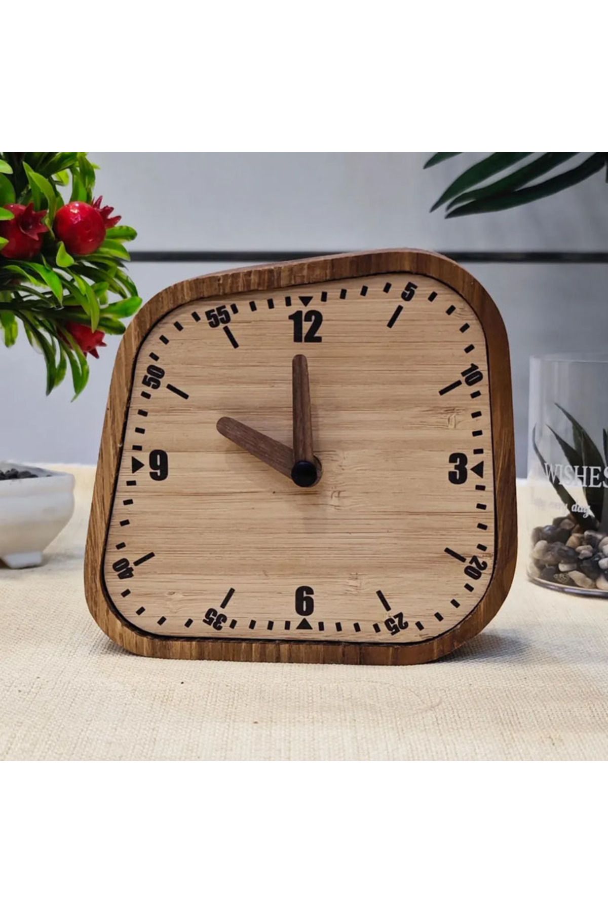 CNZ WOOD Yamuk Dörtgen Masa Saati Kestane Ağacı