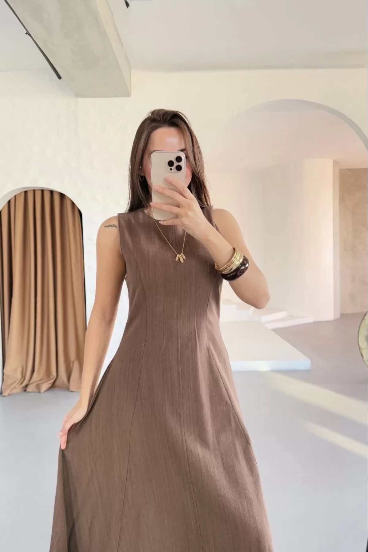 ruum fashions Keten Kolsuz Uzun Sırtı Kapalı Bisiklet Yaka Elbise