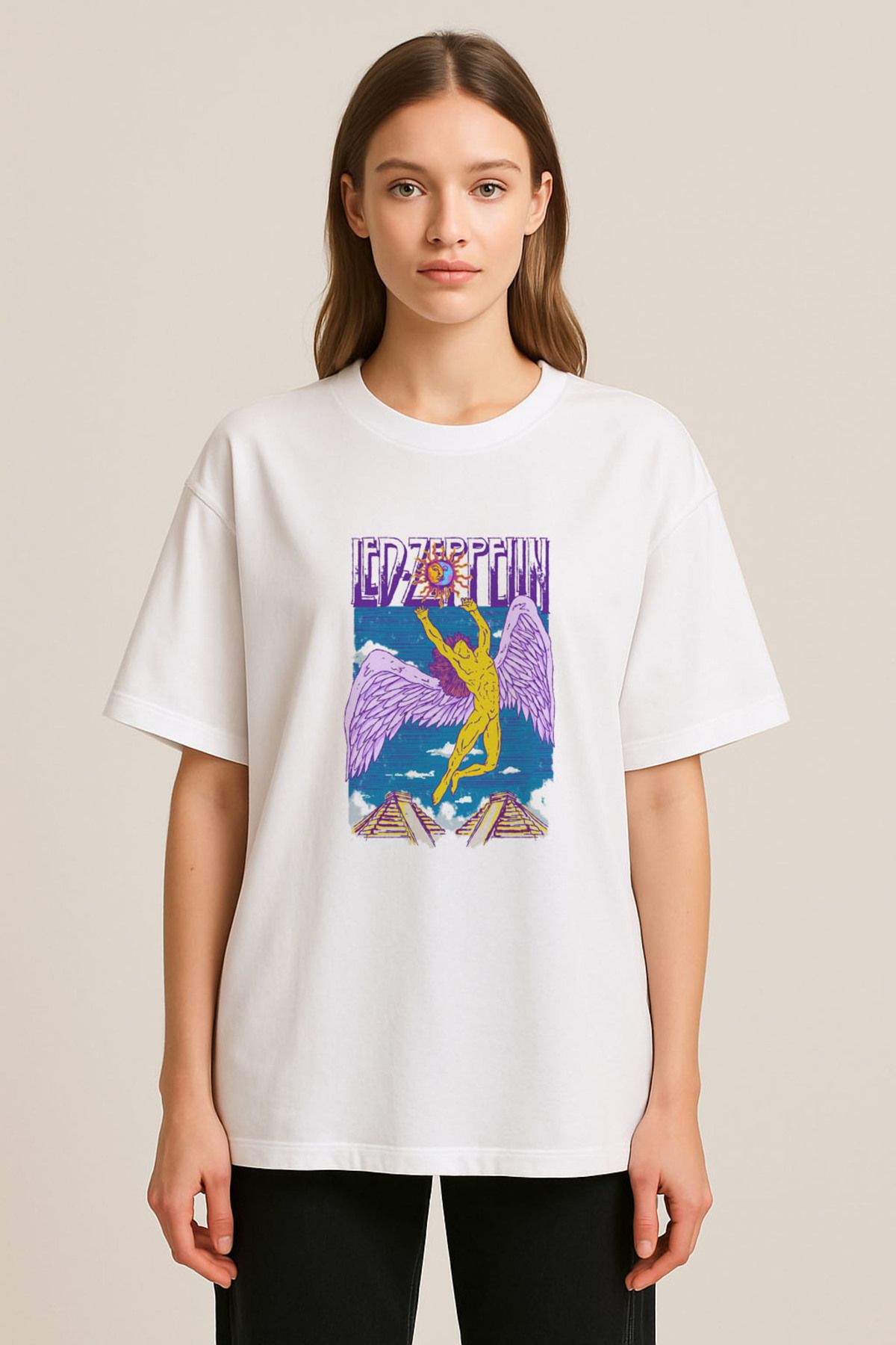 sielta Led Zeppelin Müzik Grubu Baskılı Bisiklet Yaka Oversize Beyaz Tişört T-shirt