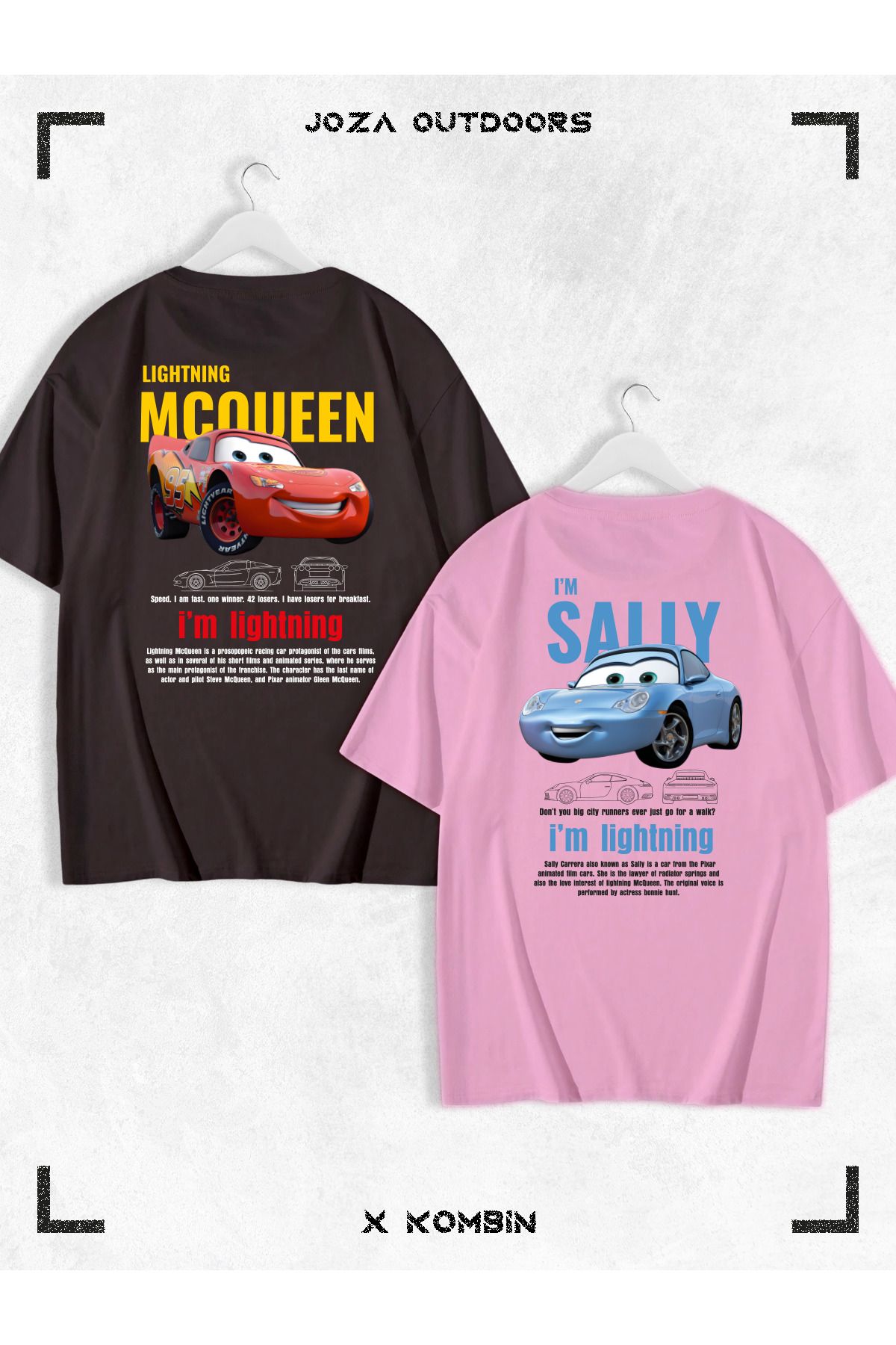 Jobia Outdoors Kadın Erkek Unisex Sally & Mcqueen Cars SIRT Sevgili Çift Kombini Oversize Renkli Tshirt 2'li Takım