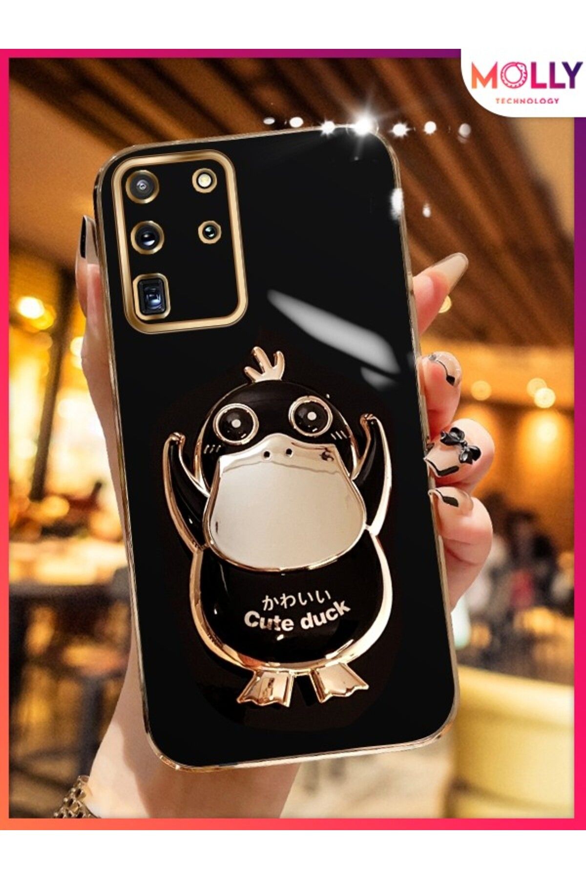 Molly Samsung Galaxy S20 ULTRA İçin Siyah Sevimli Ördek Standlı Kenarları Gold Detaylı Lüks Silikon Kılıf