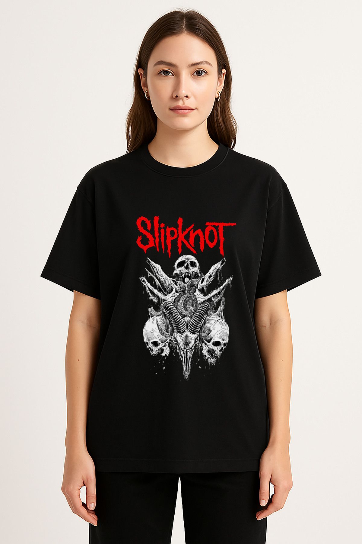 sielta Slipknot Müzik Grubu Baskılı Bisiklet Yaka Oversize Siyah Tişört T-shirt
