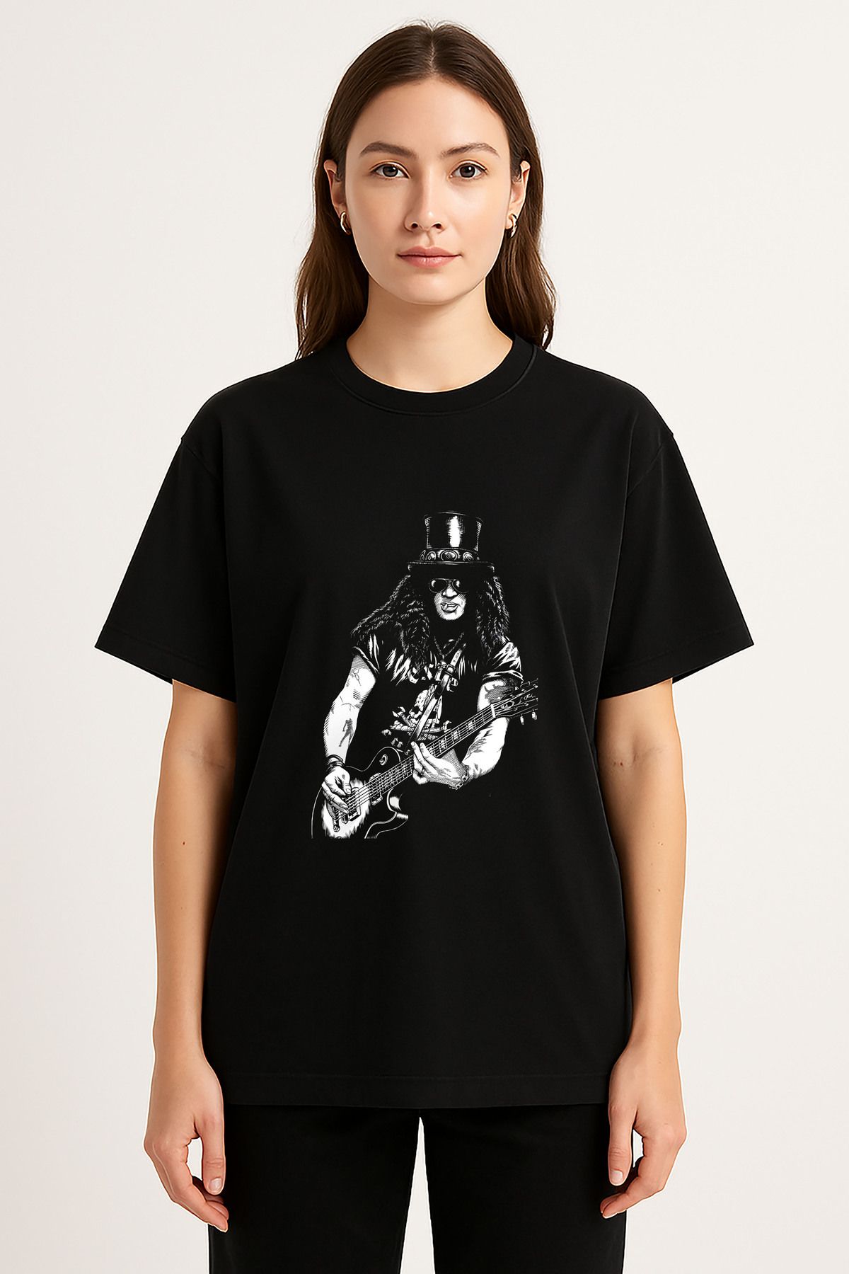 sielta Guns N' Roses Slash Baskılı Bisiklet Yaka Oversize Siyah Tişört T-shirt