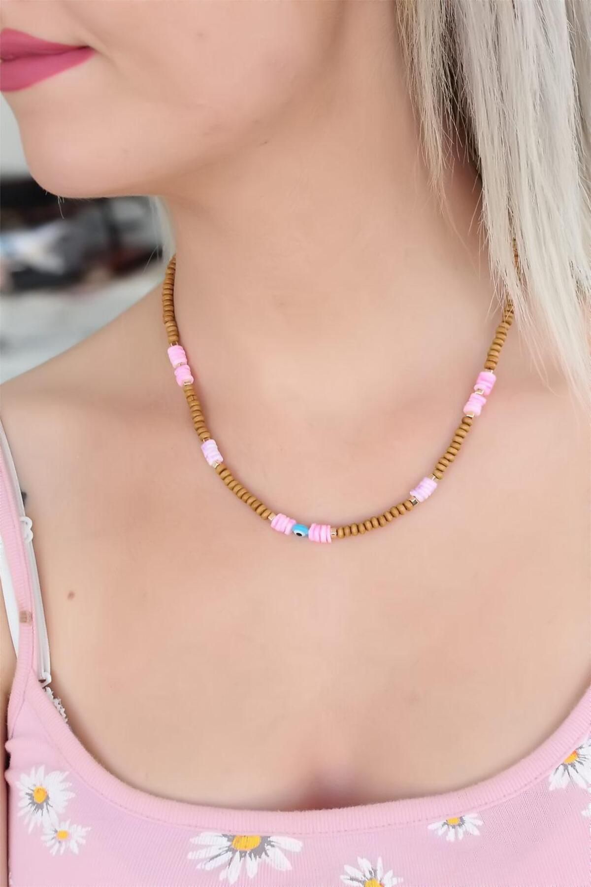 SeyCey.co Taba Rengi Boncuklu Nazar Boncuğu Detaylı Kolye