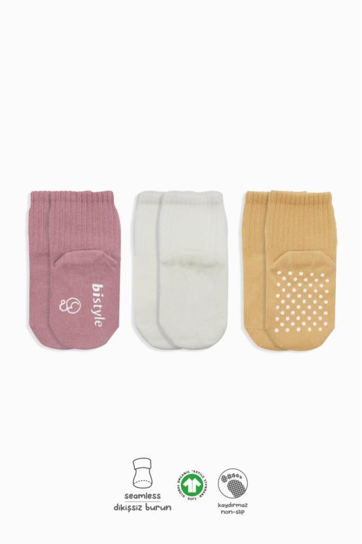 S PAZARIM Nessiworld Bistyle Basic Kaymaz Penye Soket Çorap 3'Lü BS10106 Pudra Ekru Somon