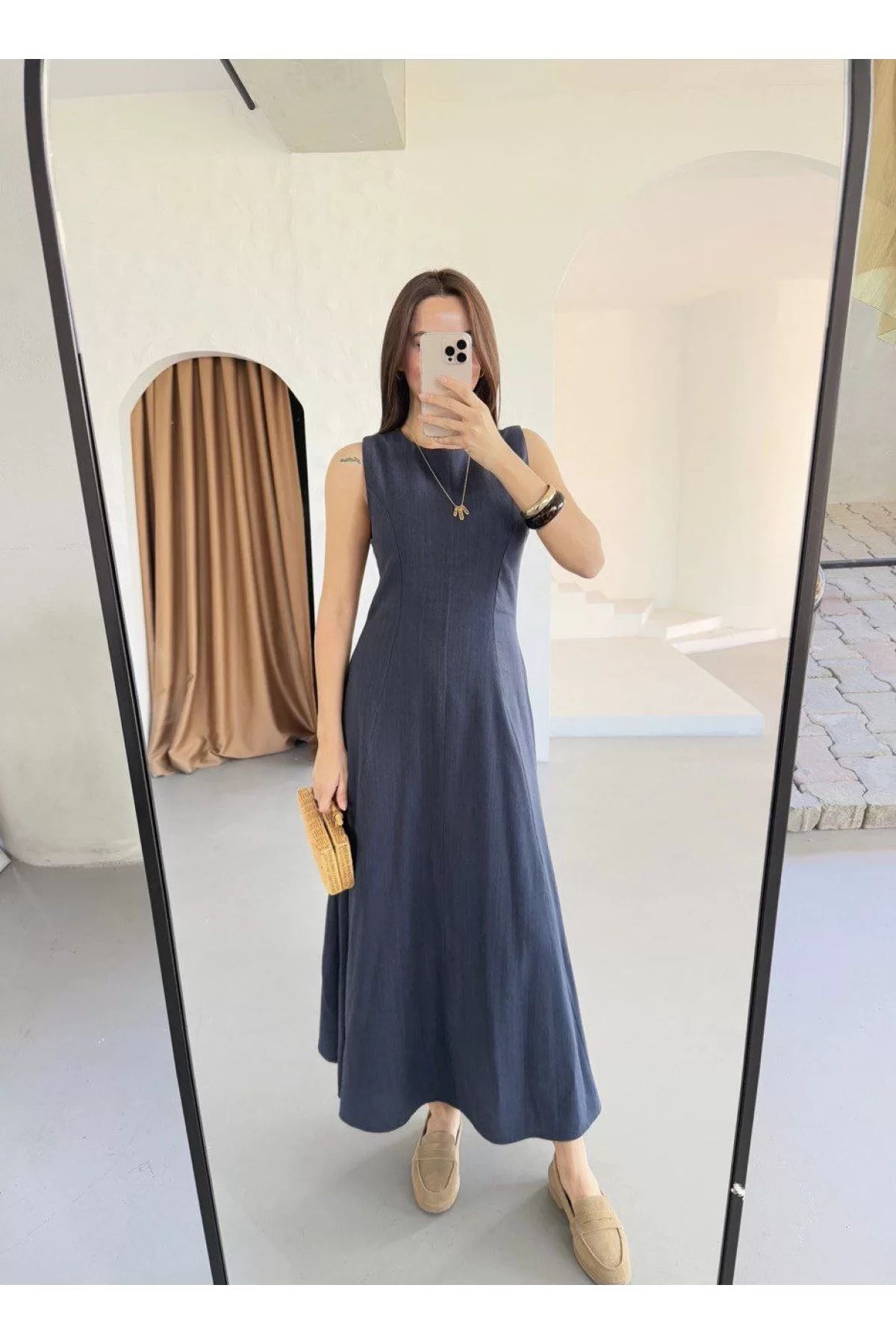 ruum fashions Keten Kolsuz Uzun Sırtı Kapalı Bisiklet Yaka Elbise