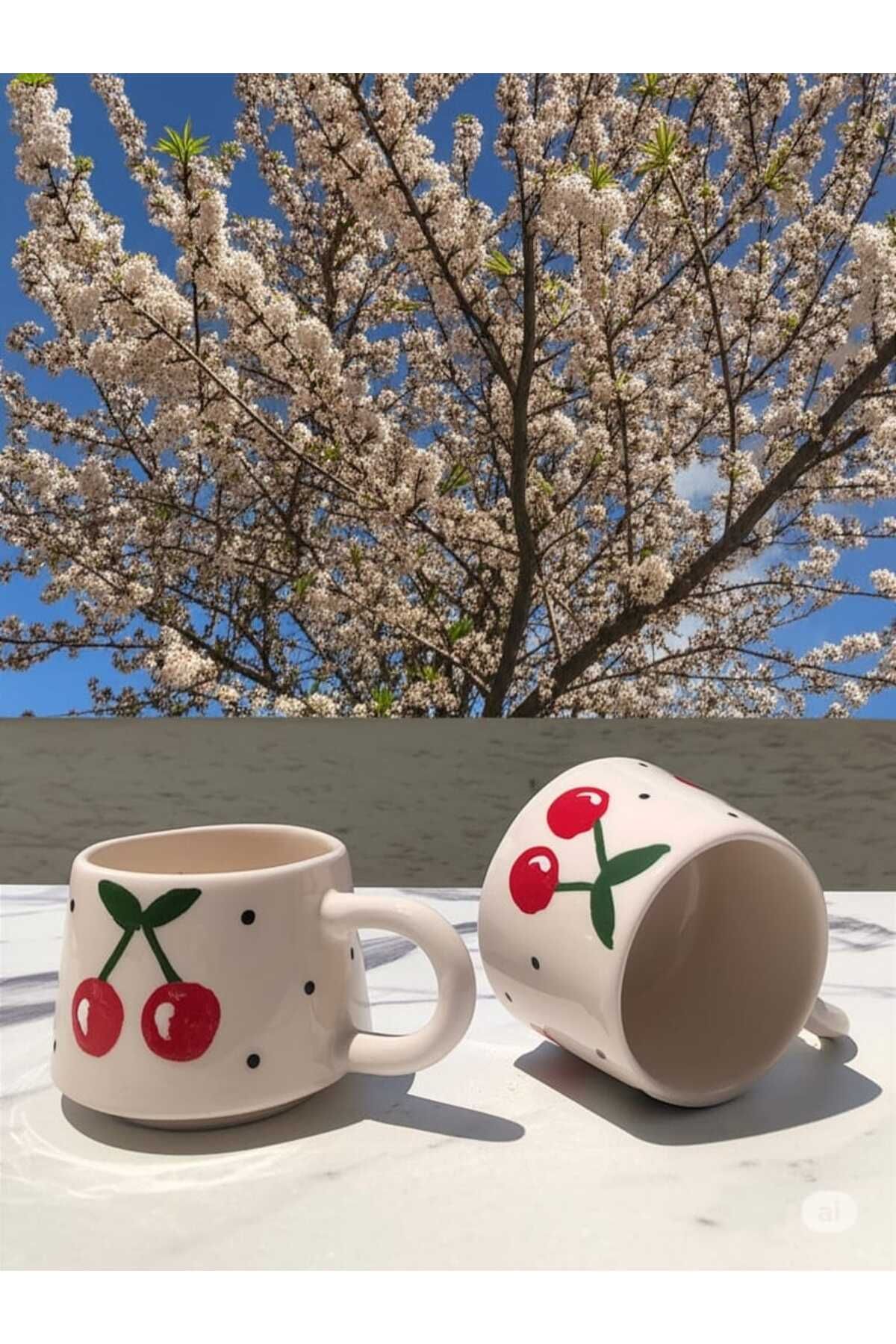 Didolay Seramik El Yapımı Kiraz Desenli 2'li Hediyelik Kupa Bardak