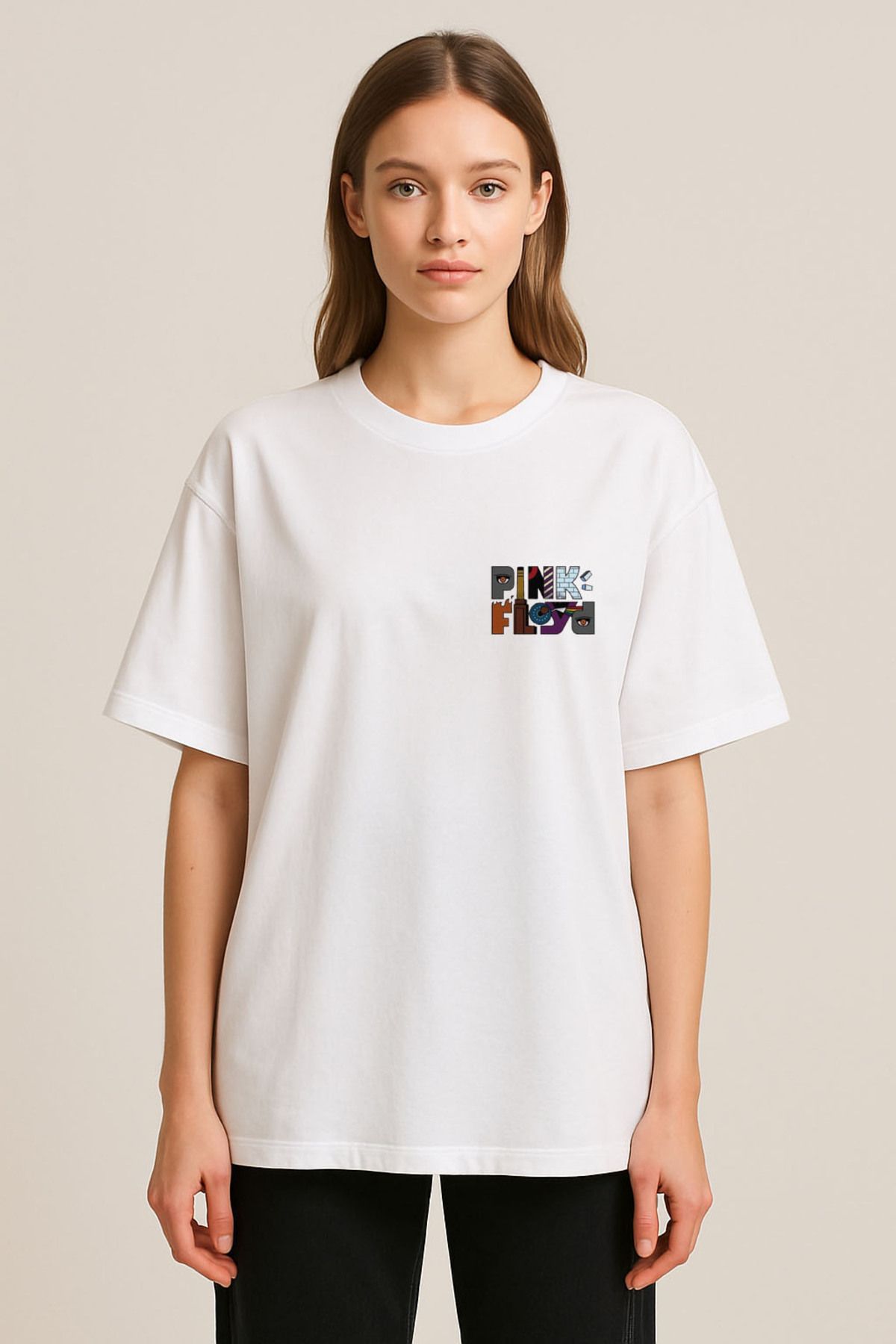 sielta Pink Floyd Müzik Grubu Baskılı Bisiklet Yaka Oversize Beyaz Tişört T-shirt