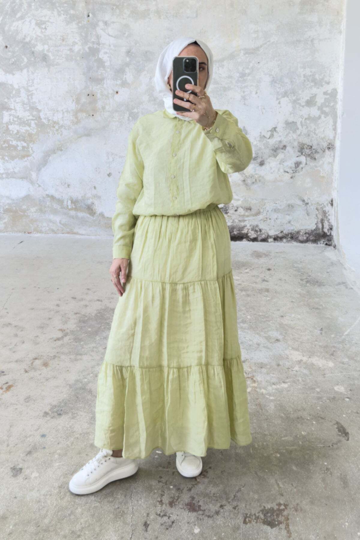 Hatun Atila Rahat Kesim Beli Lastikli Kat Kat Uzun Etek 5213 - Yeşil
