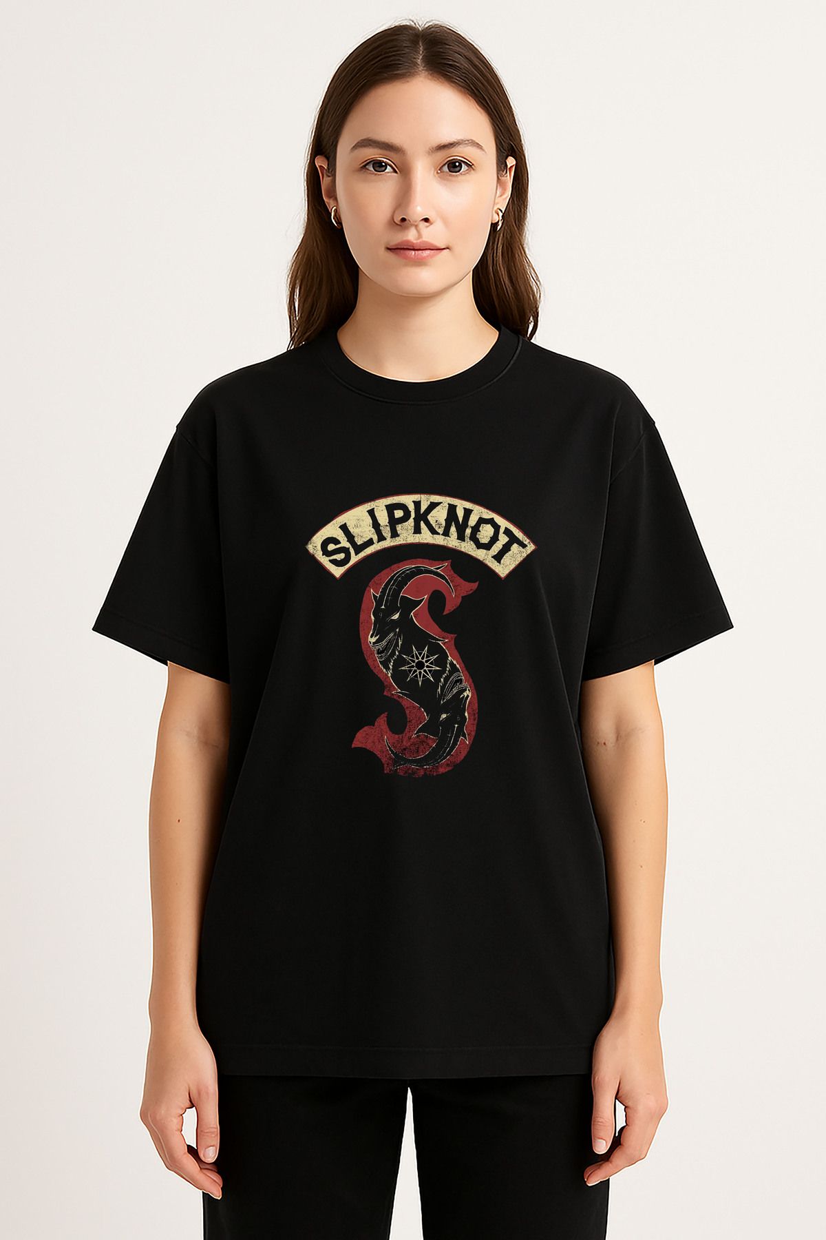 sielta Slipknot Müzik Grubu Baskılı Bisiklet Yaka Oversize Siyah Tişört T-shirt