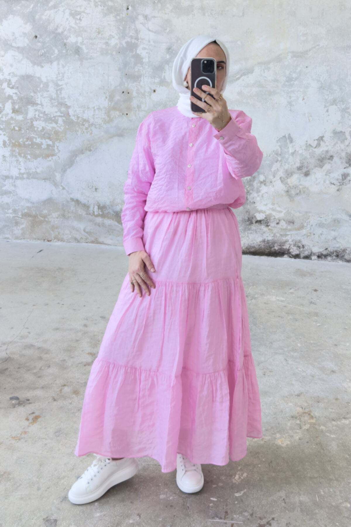 Hatun Atila Rahat Kesim Beli Lastikli Kat Kat Uzun Etek 5213 - Pembe