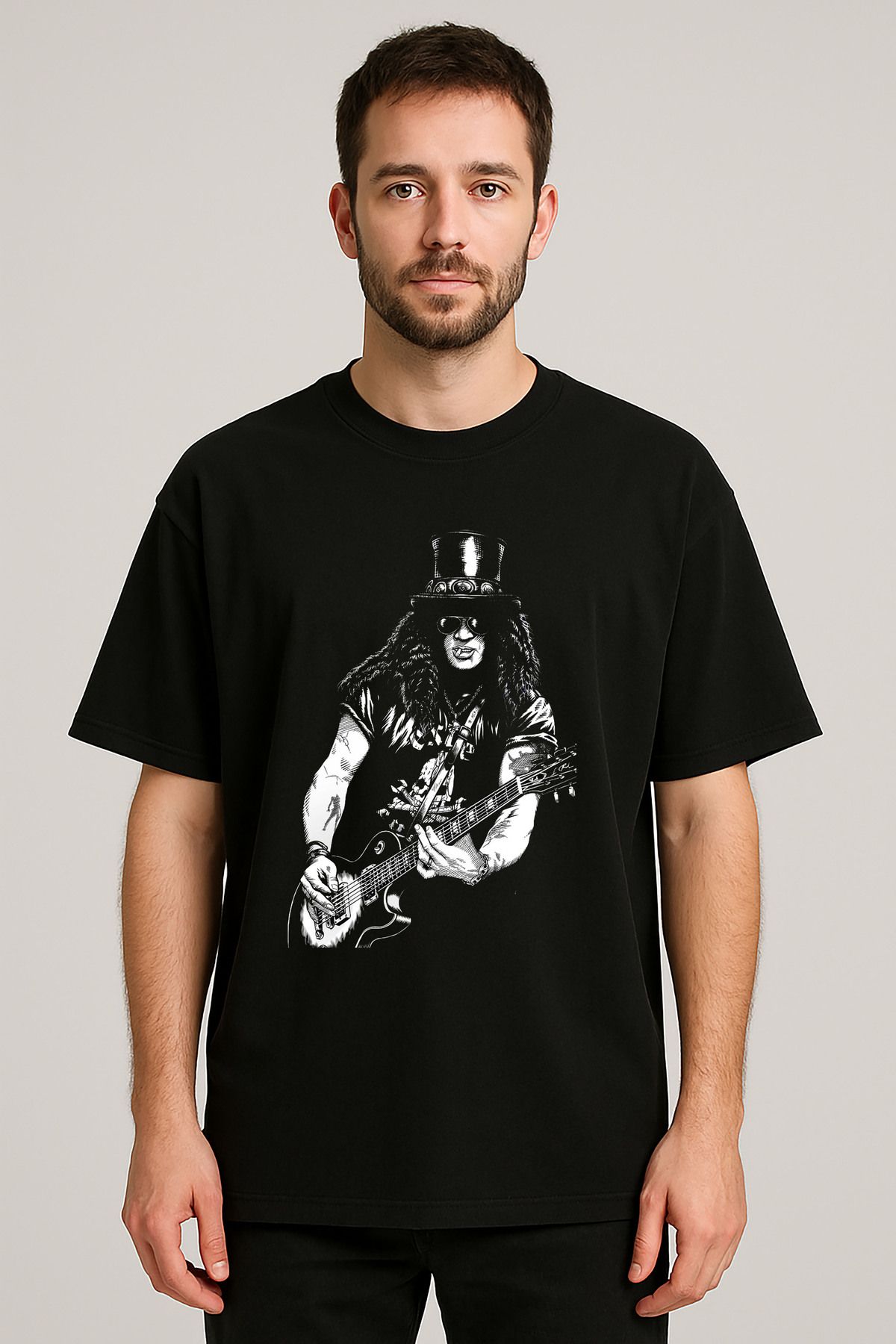 sielta Guns N' Roses Slash Baskılı Bisiklet Yaka Oversize Siyah Tişört T-shirt