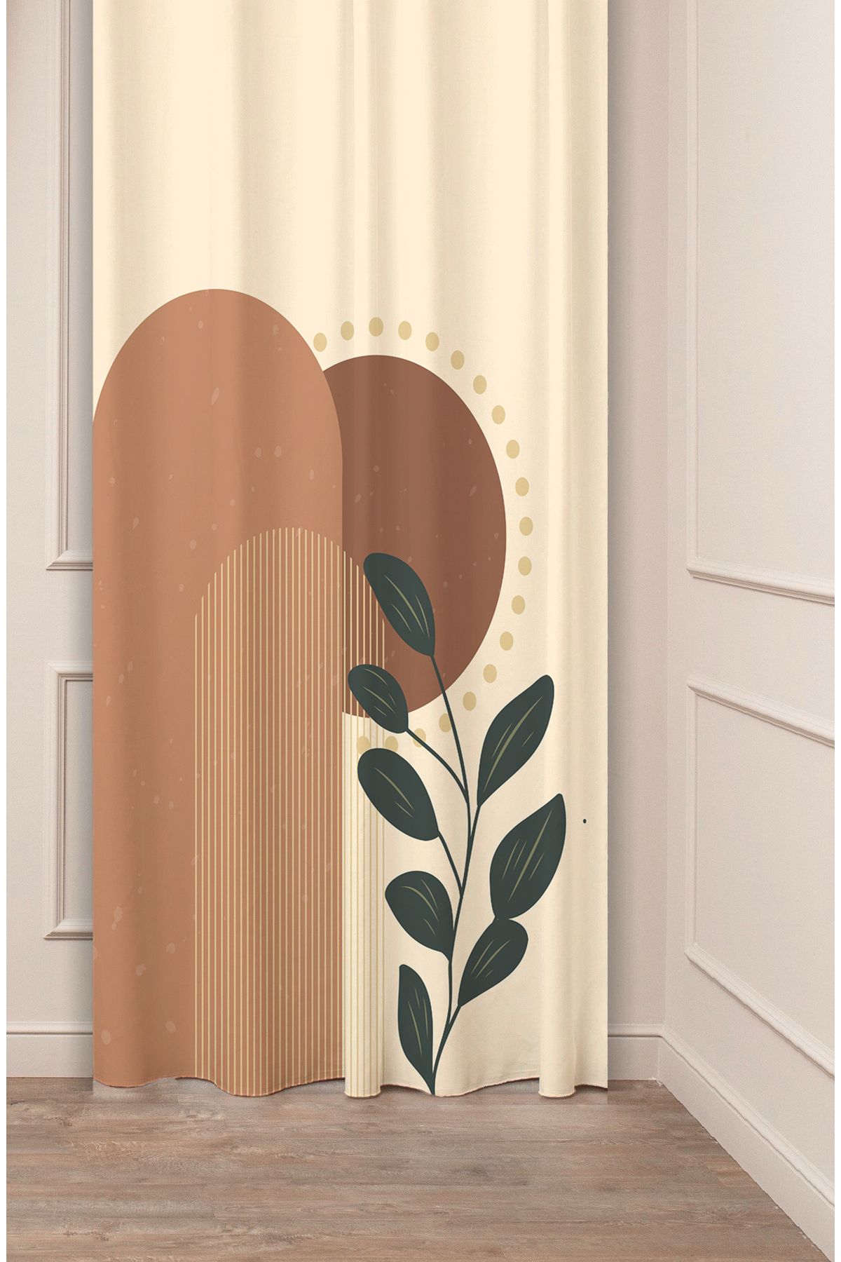 GREENDECOR Yaprak Grafik Bohem Minimalist Bej Krem Desenli Özel Tasarım Dijital Baskılı (Tek Kanat) Fon Perde