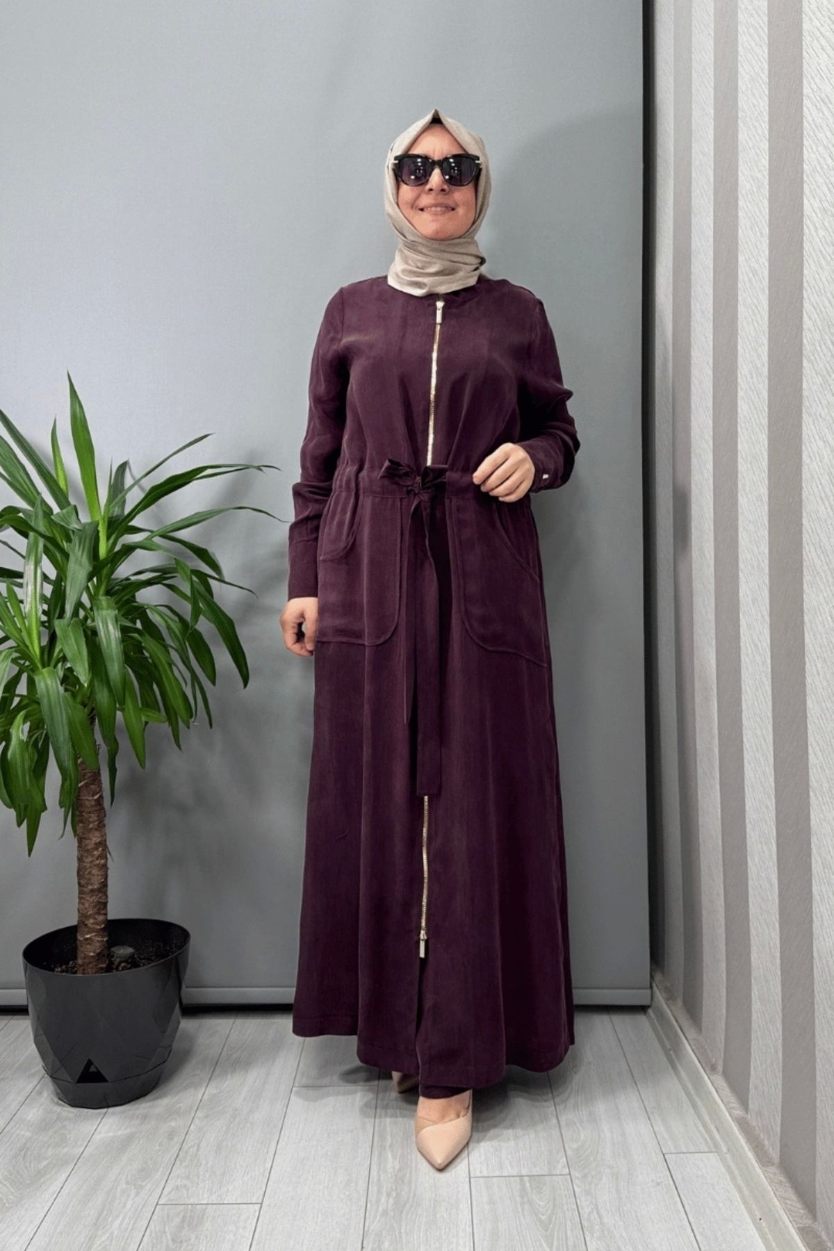 MISS DALIDA Yakası Fermuarlı Beli Büzgülü Cupro Elbise Bordo T25y-4011