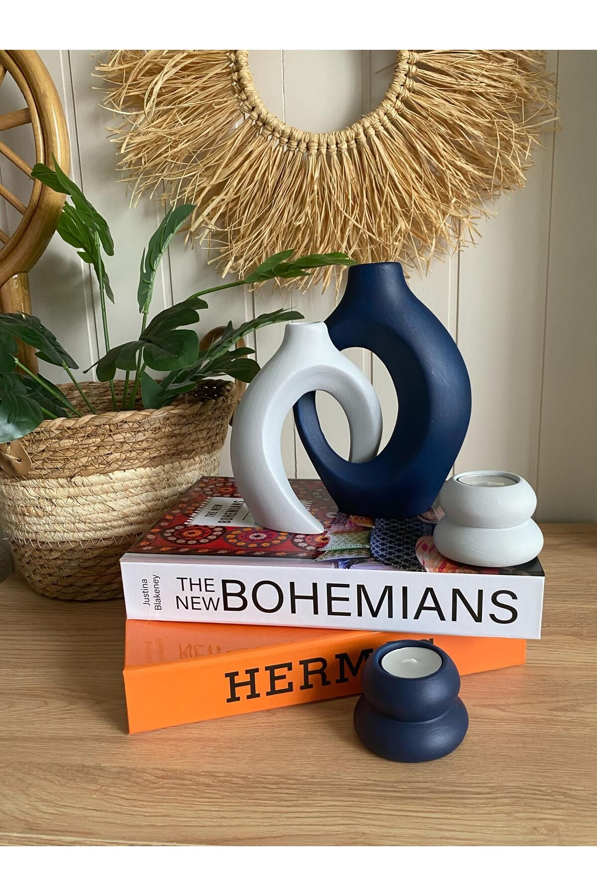 Porselian Bohem Sevgili, Sarmaşık Vazo & Mumluk Set