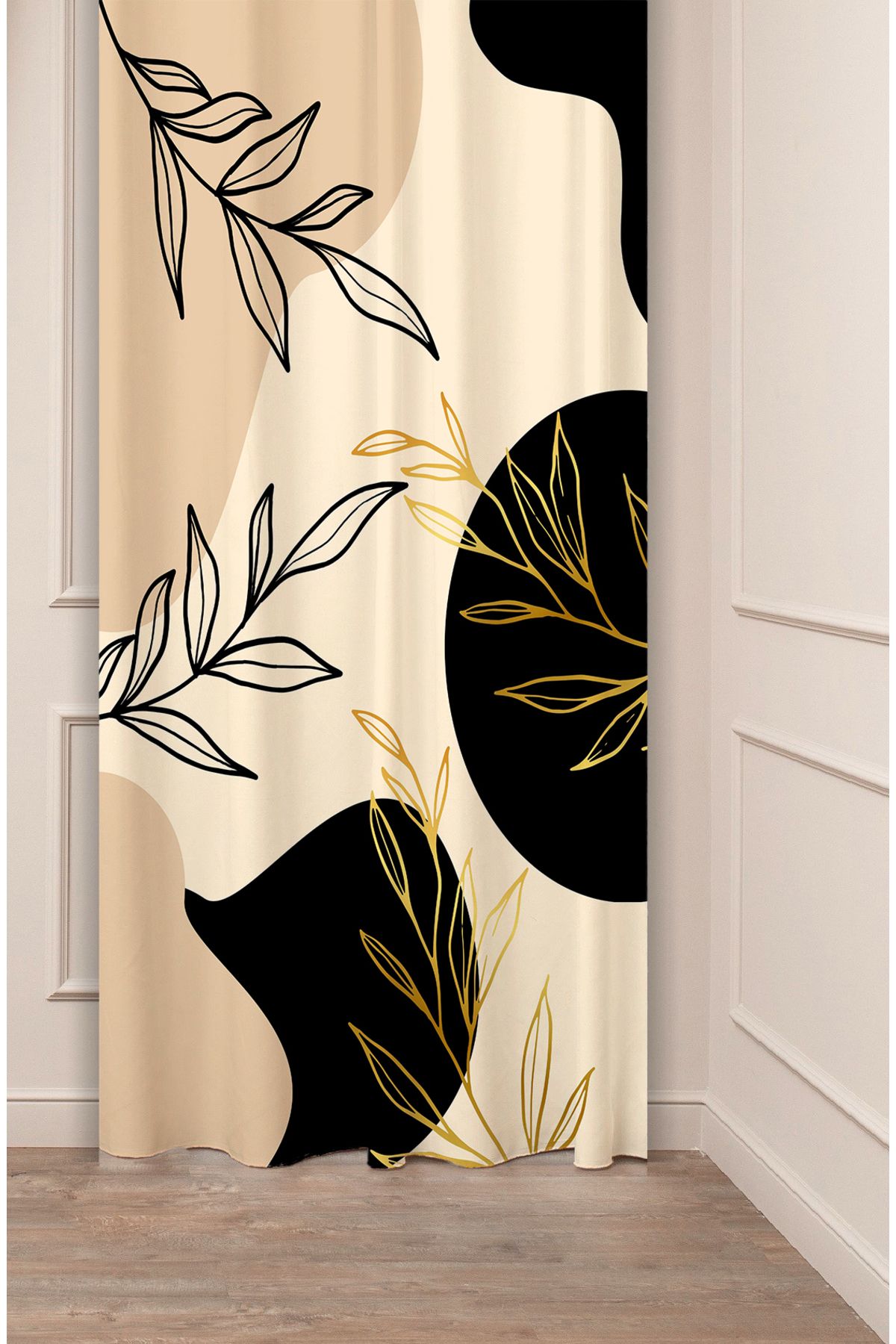 GREENDECOR Yaprak Grafik Bohem Minimalist Bej Krem Desenli Özel Tasarım Dijital Baskılı (Tek Kanat) Fon Perde