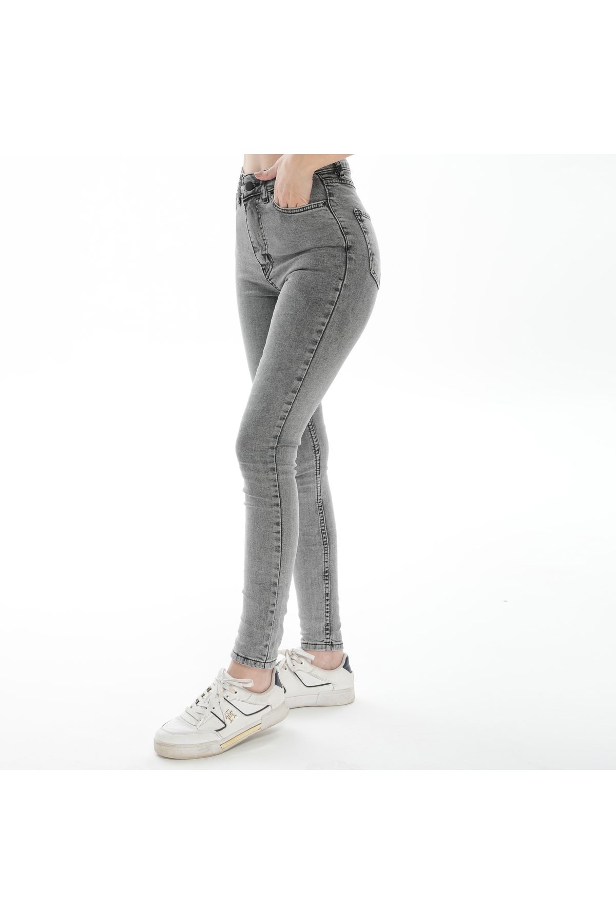 BEES JEANS Kadın Kar Yıkama Gri Yüksek Bel Dar Paça Skinny Likralı Kot Pantalon