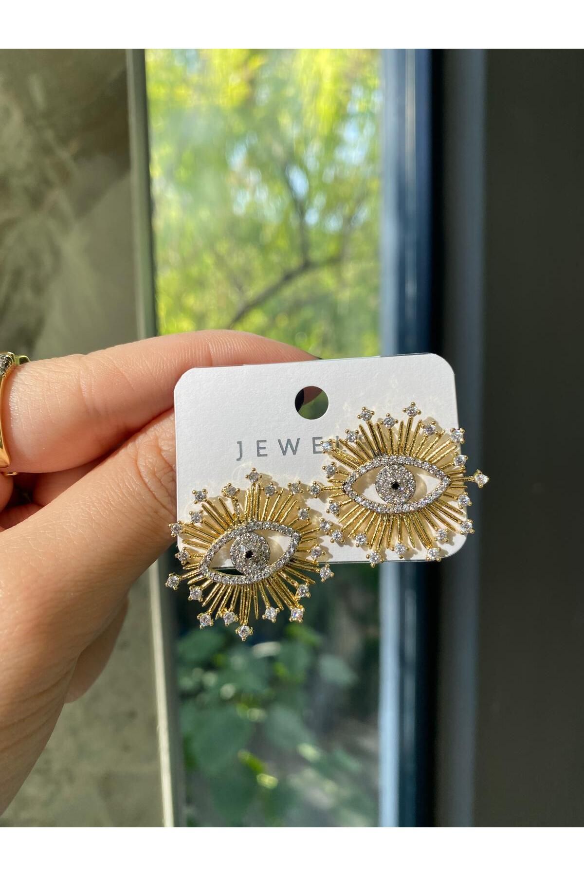 sain jewelry Pirinç Gold Renk Zirkon Taşlı Göz Model Kadın Küpe