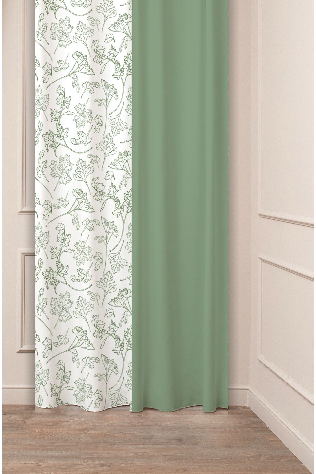 GREENDECOR Yaprak Yeşil Bohem Minimalist Bej Krem Desenli Özel Tasarım Dijital Baskılı (Tek Kanat)Şık Fon Perde