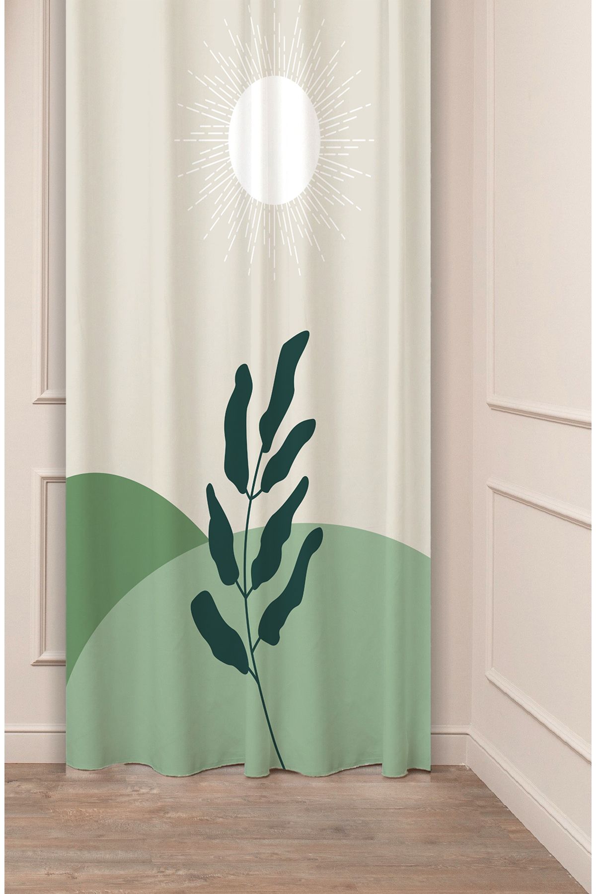 GREENDECOR Yaprak Güneş Bohem Minimalist Bej Krem Desenli Özel Tasarım Dijital Baskılı (Tek Kanat) Fon Perde