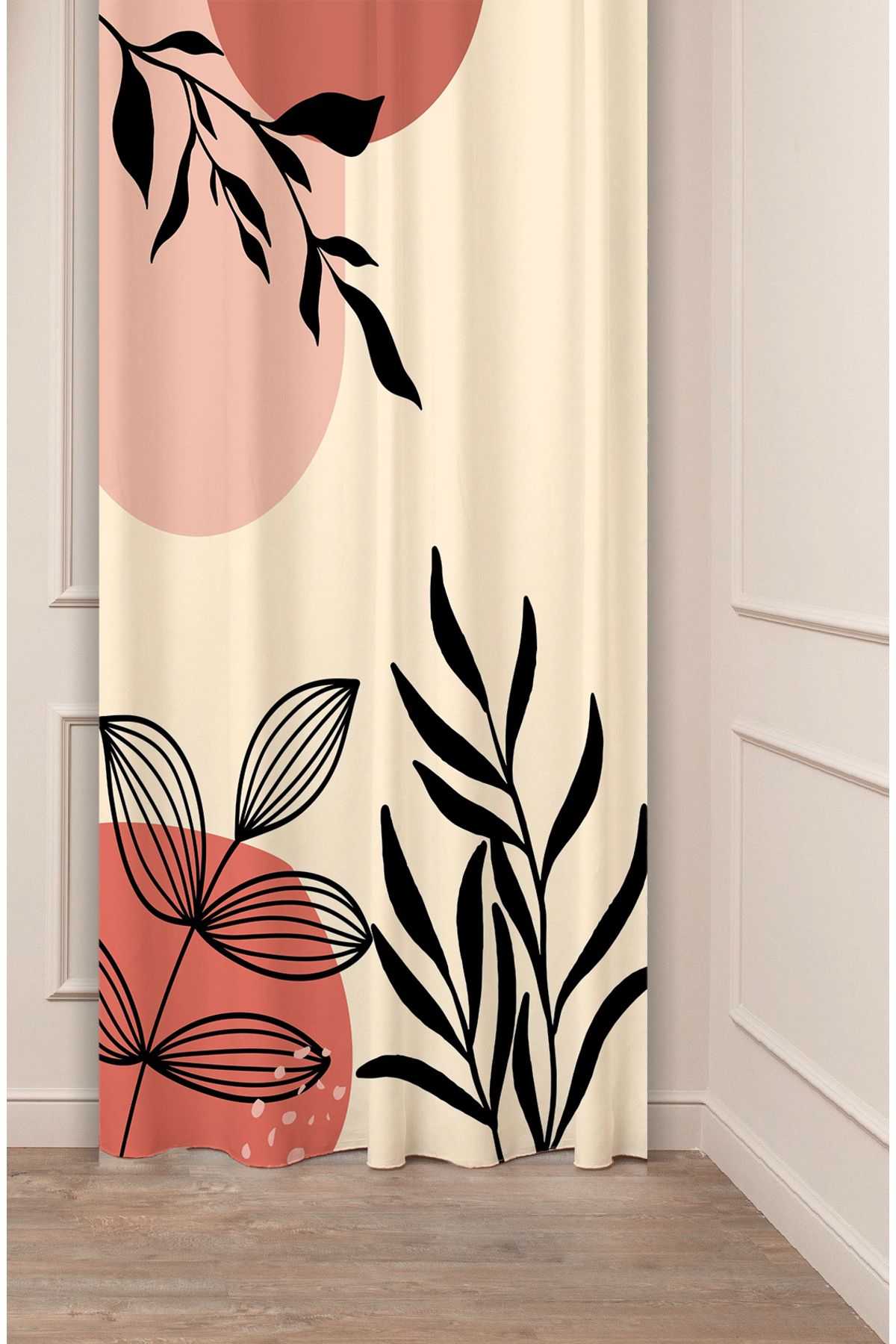 GREENDECOR Yaprak Grafik Bohem Minimalist Bej Krem Desenli Özel Tasarım Dijital Baskılı (Tek Kanat) Fon Perde