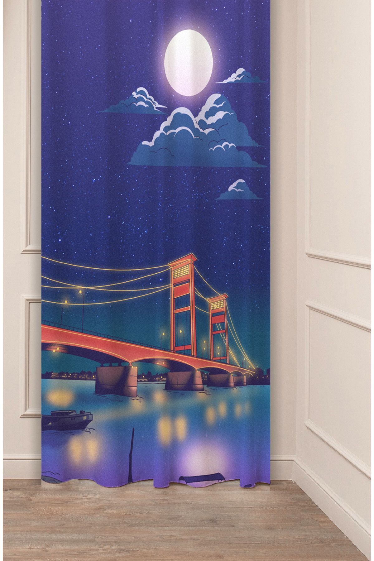 GREENDECOR Golden Gate Köprü Minimalist Anime Desenli Özel Tasarım Dijital Baskılı (Tek Kanat) Modern Fon Perde