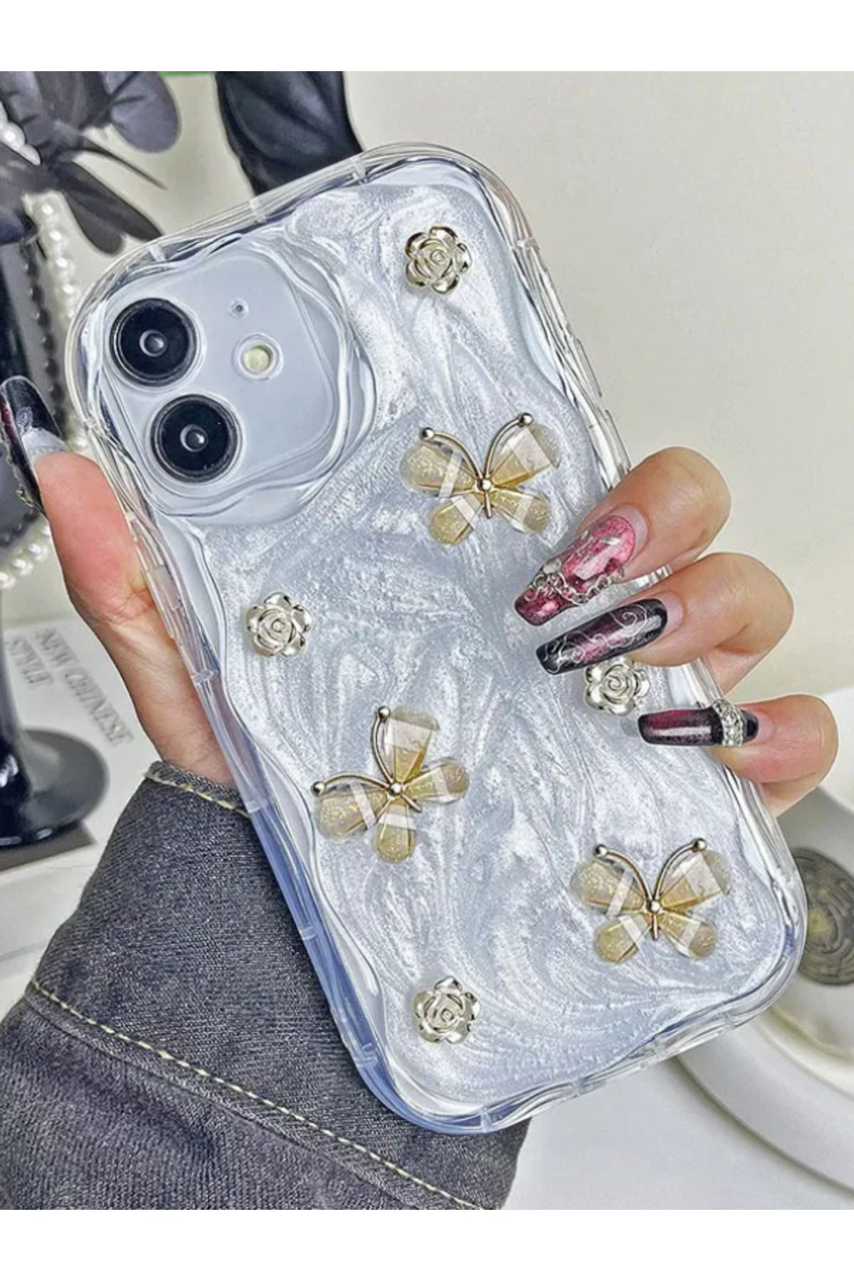 Teknodur Apple Iphone 13 Pro Uyumlu Taşlı Butterfly Kılıf - Gold