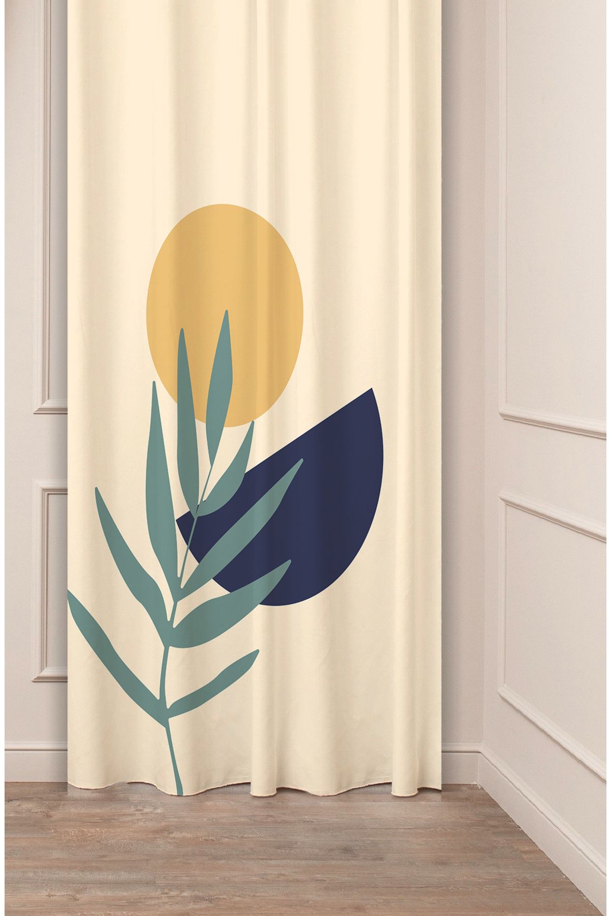 GREENDECOR Yaprak Güneş Bohem Minimalist Bej Krem Desenli Özel Tasarım Dijital Baskılı (Tek Kanat) Fon Perde