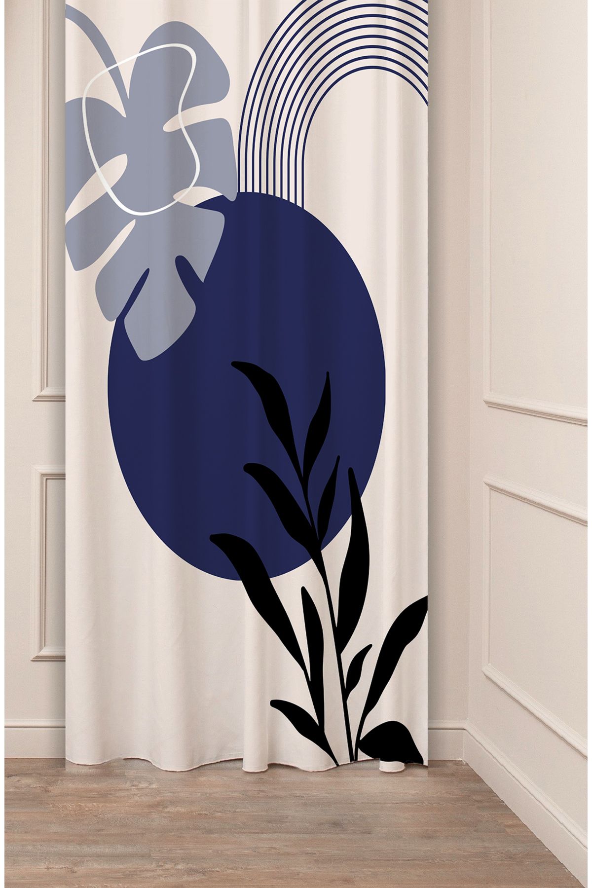 GREENDECOR Yaprak Grafik Bohem Minimalist Bej Krem Desenli Özel Tasarım Dijital Baskılı (Tek Kanat) Fon Perde