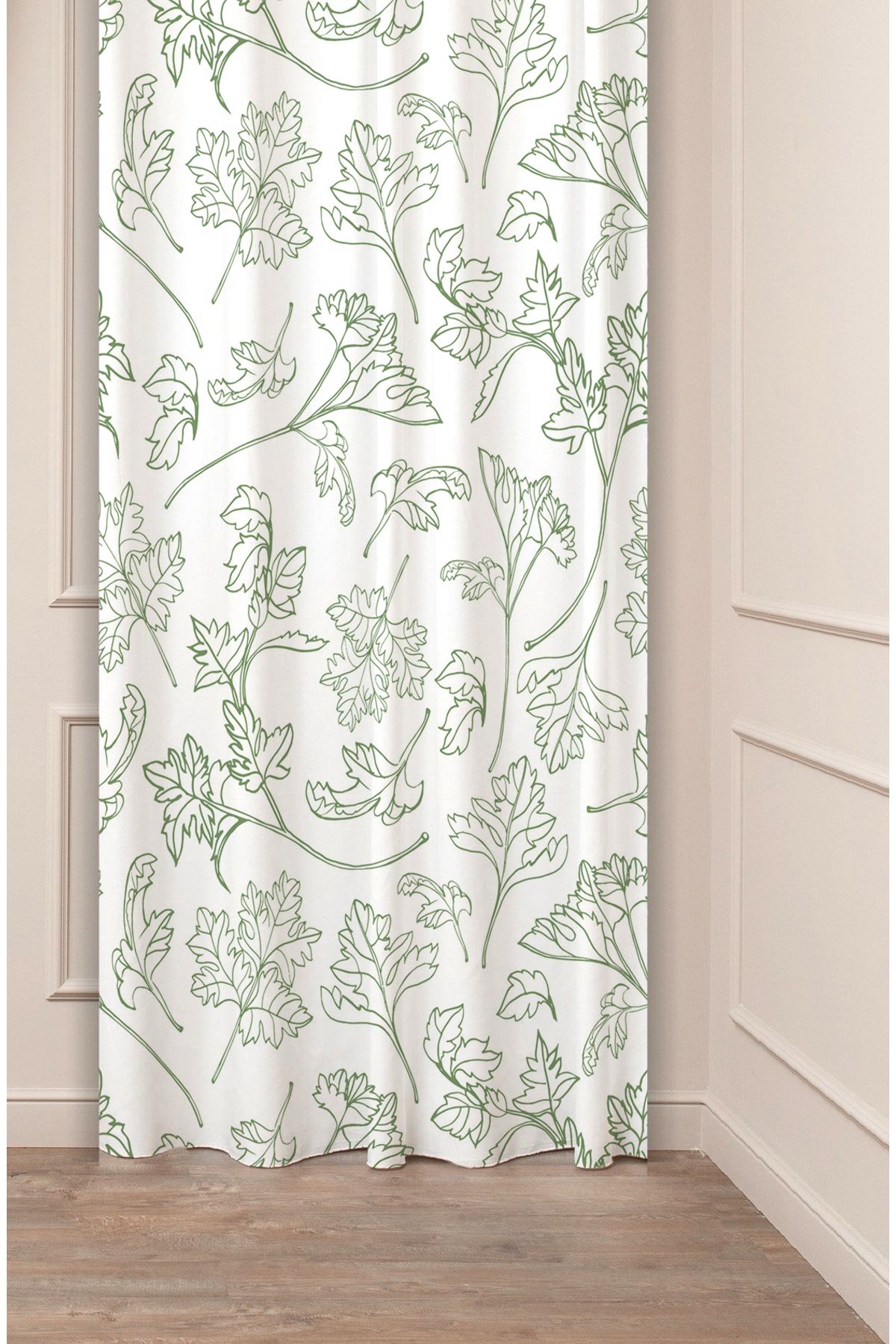 GREENDECOR Yaprak Yeşil Desenli Özel Tasarım Dijital Baskılı (Tek Kanat) Modern Şık Fon Perde