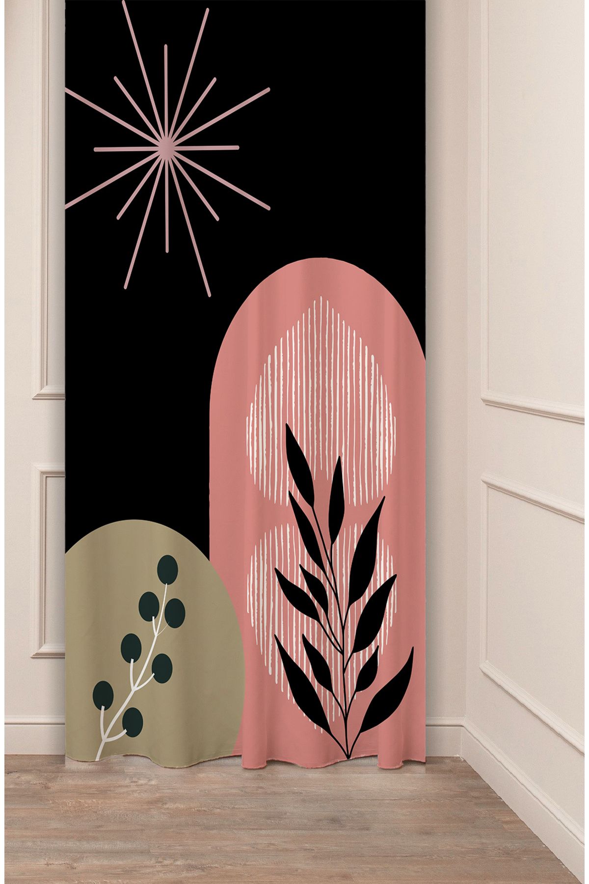 GREENDECOR Yaprak Grafik Bohem Minimalist Bej Krem Desenli Özel Tasarım Dijital Baskılı (Tek Kanat) Fon Perde