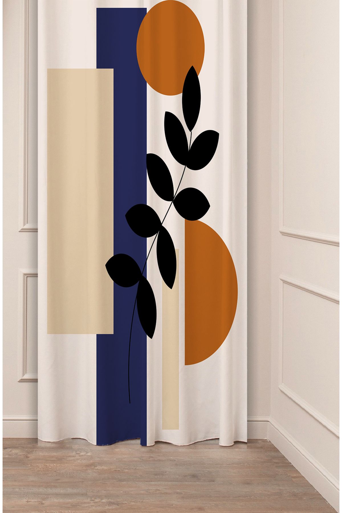 GREENDECOR Yaprak Grafik Bohem Minimalist Bej Krem Desenli Özel Tasarım Dijital Baskılı (Tek Kanat) Fon Perde