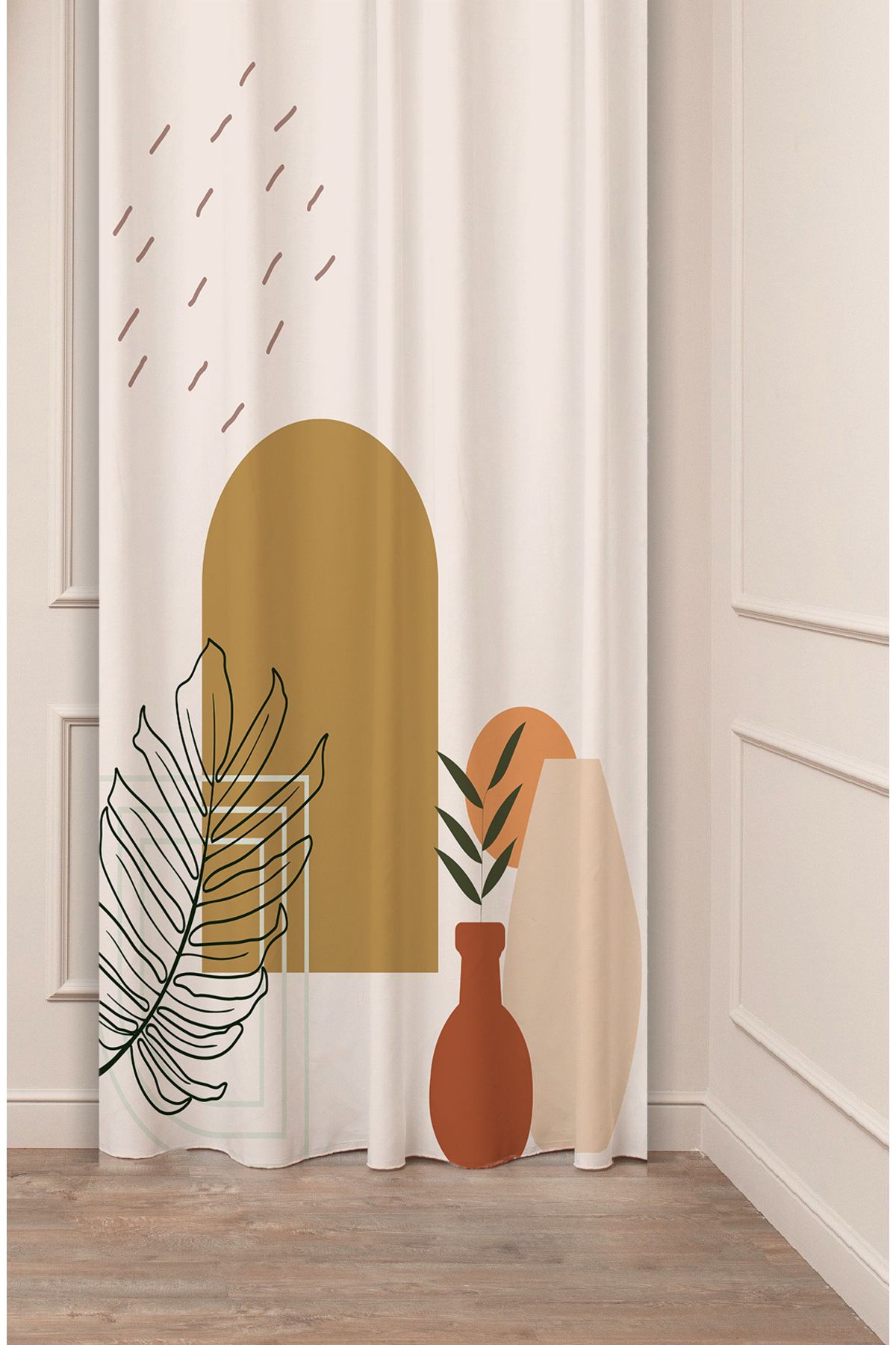 GREENDECOR Vazo Yaprak Bohem Minimalist Bej Krem Desenli Özel Tasarım Dijital Baskılı (Tek Kanat) Şık Fon Perde