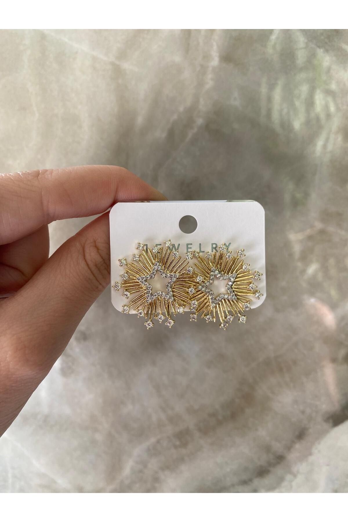 sain jewelry Pirinç Gold Renk Zirkon Taşlı Yıldızlı Model Kadın Küpe