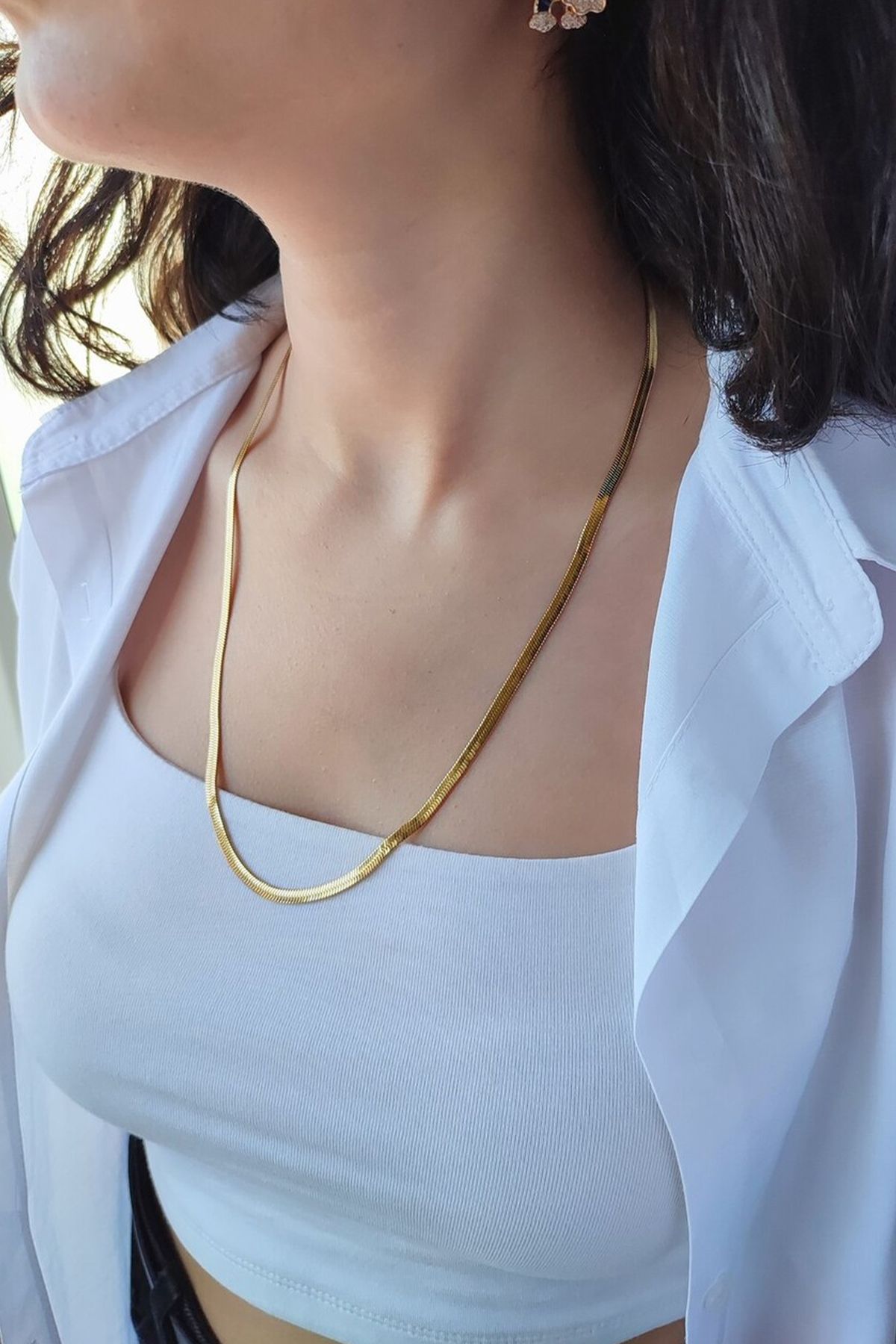 Silmaril Store VIP Model Gold Yassı Çelik Zincir Unisex Kolye – Kararmaz Stainless Steel - 45 cm
